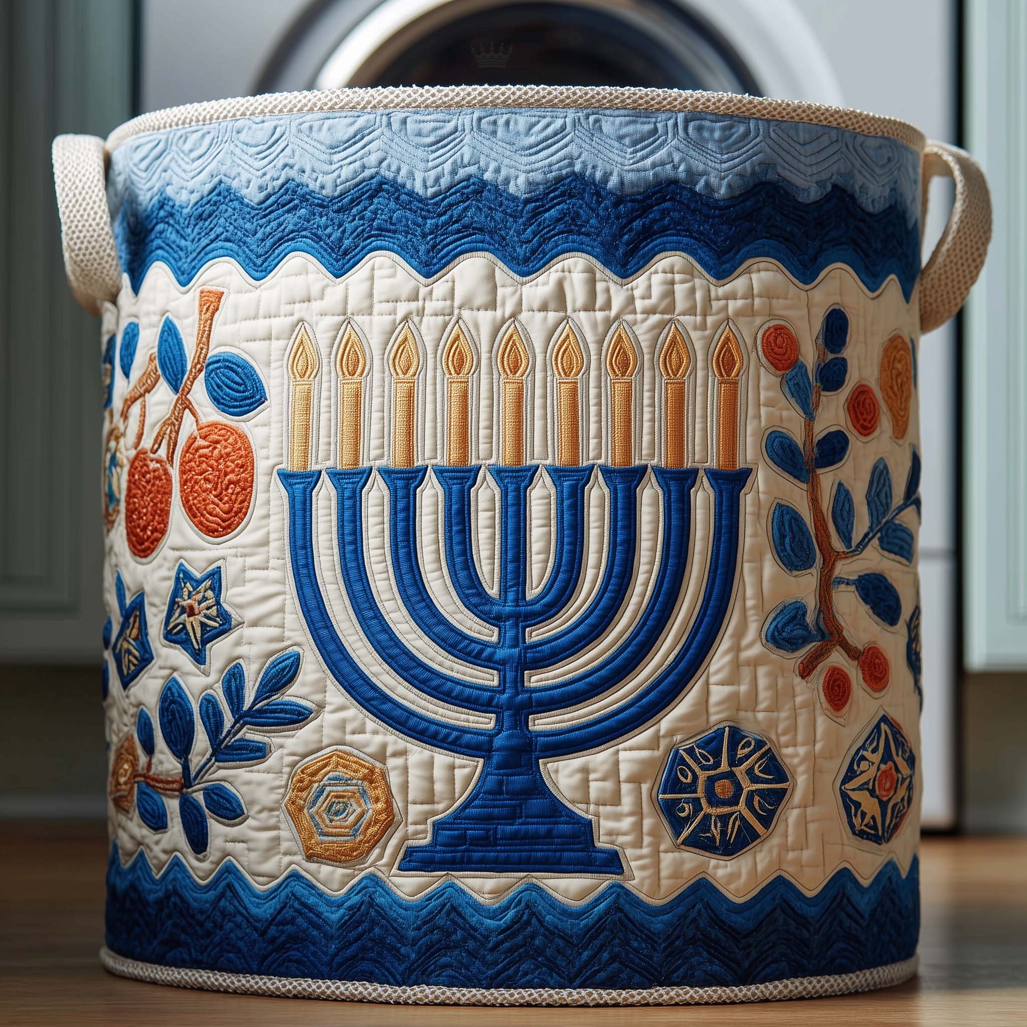 Blue Menorah Quilted Laundry Basket Best Laundry Hamper Birthday Gifts For Mom - Tradiviet