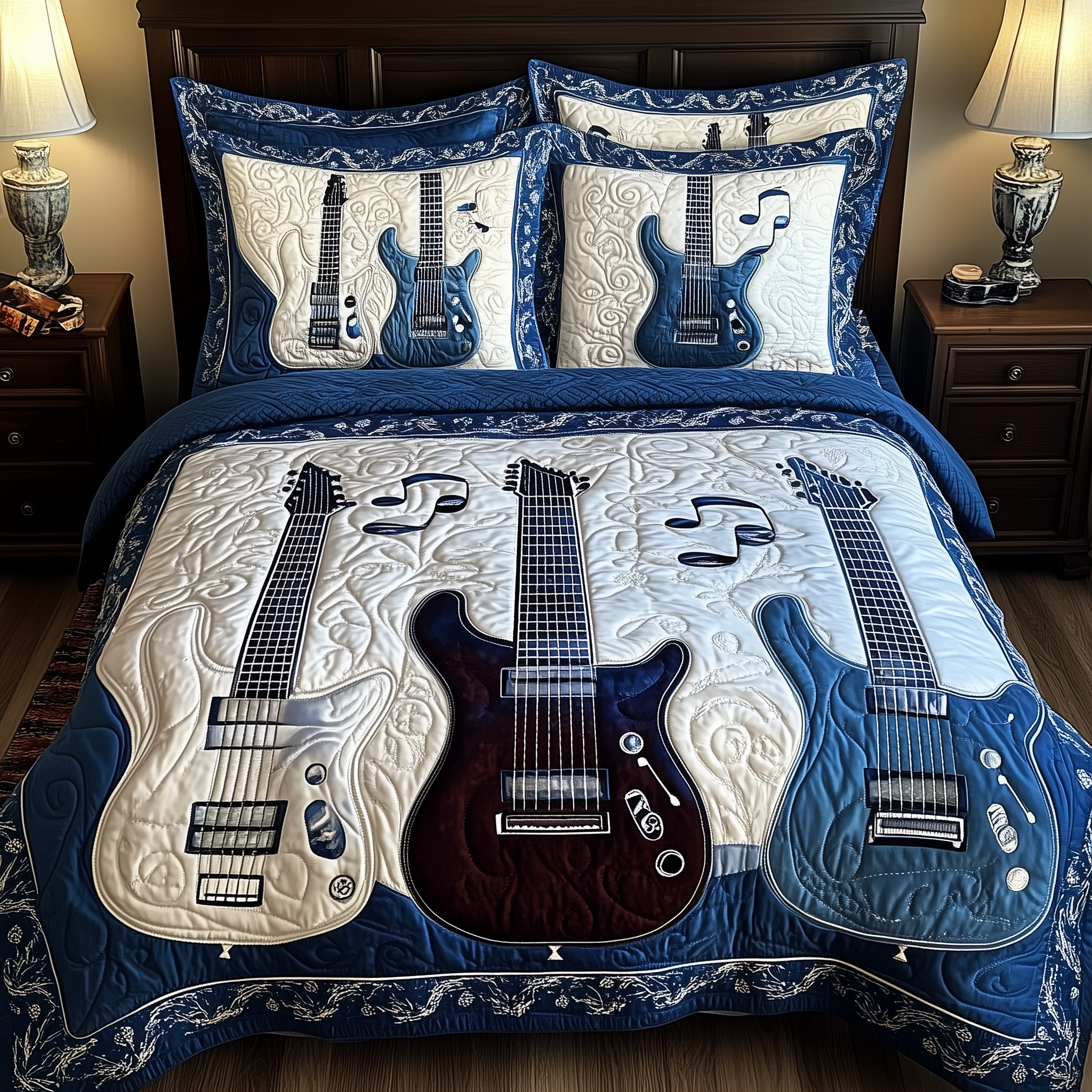 Blue Rock and Roll Quilted Bedding Set Holiday Bedroom Decor Unique Mother's Day Gifts - Tradiviet