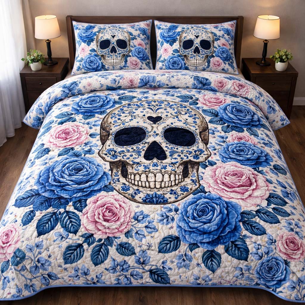 Blue Rose Skull Quilted Bedding Set Room Decoration Items Cute Skull Gifts - Tradiviet