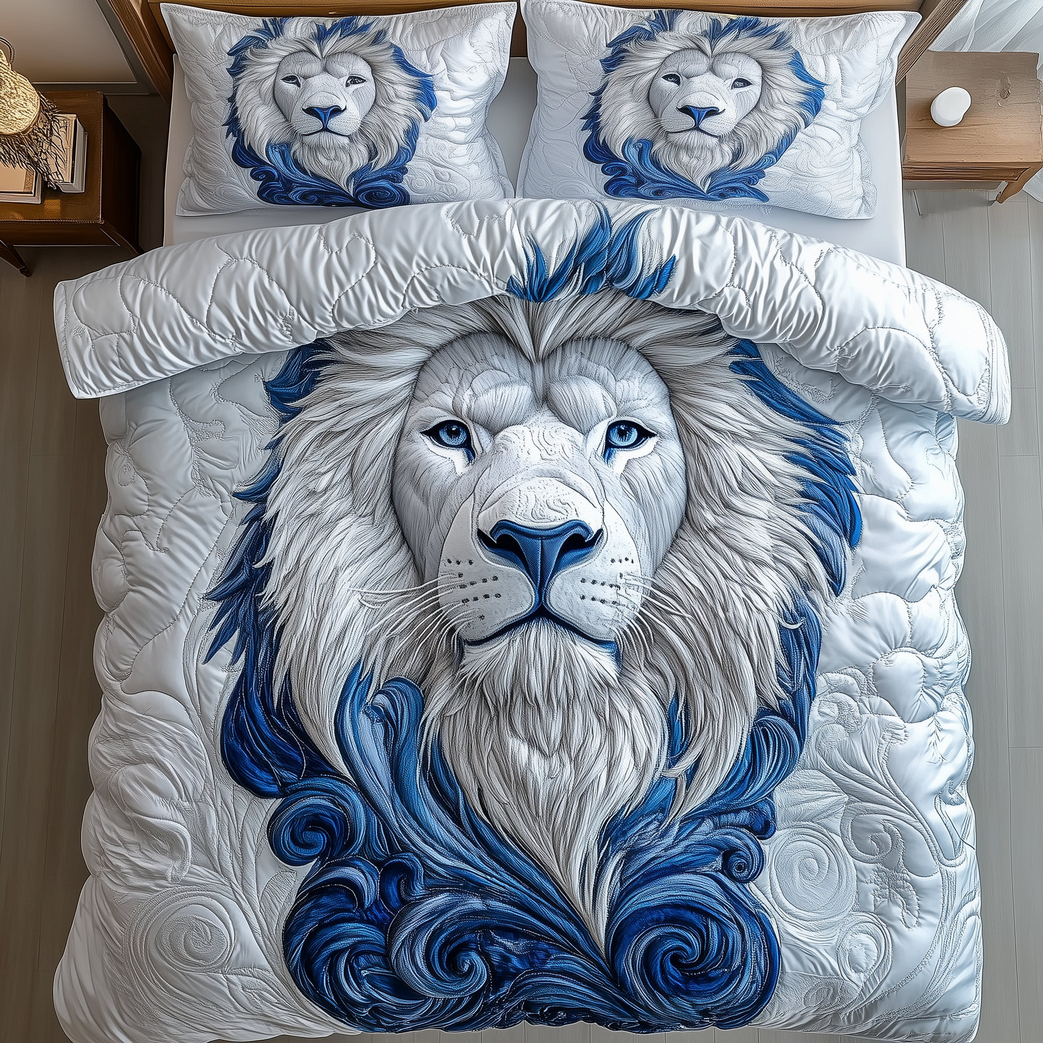 Blue Swirl Lion King Quilted Bedding Set Holiday Home Decor Birthday Presents For Lion Lovers - Tradiviet