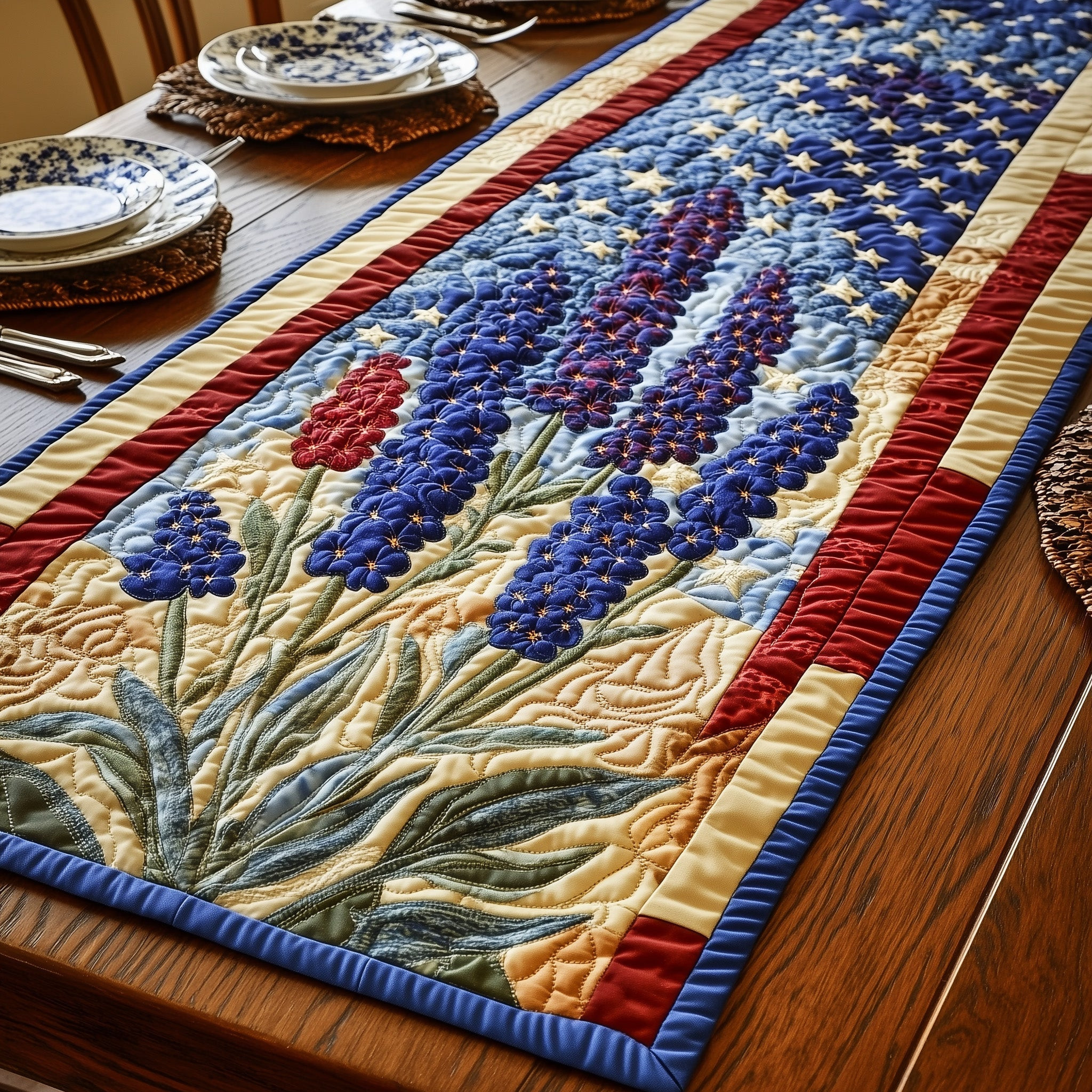 Bluebonnet Glory Quilted Table Runner  Fourth Of July Birthday Presents