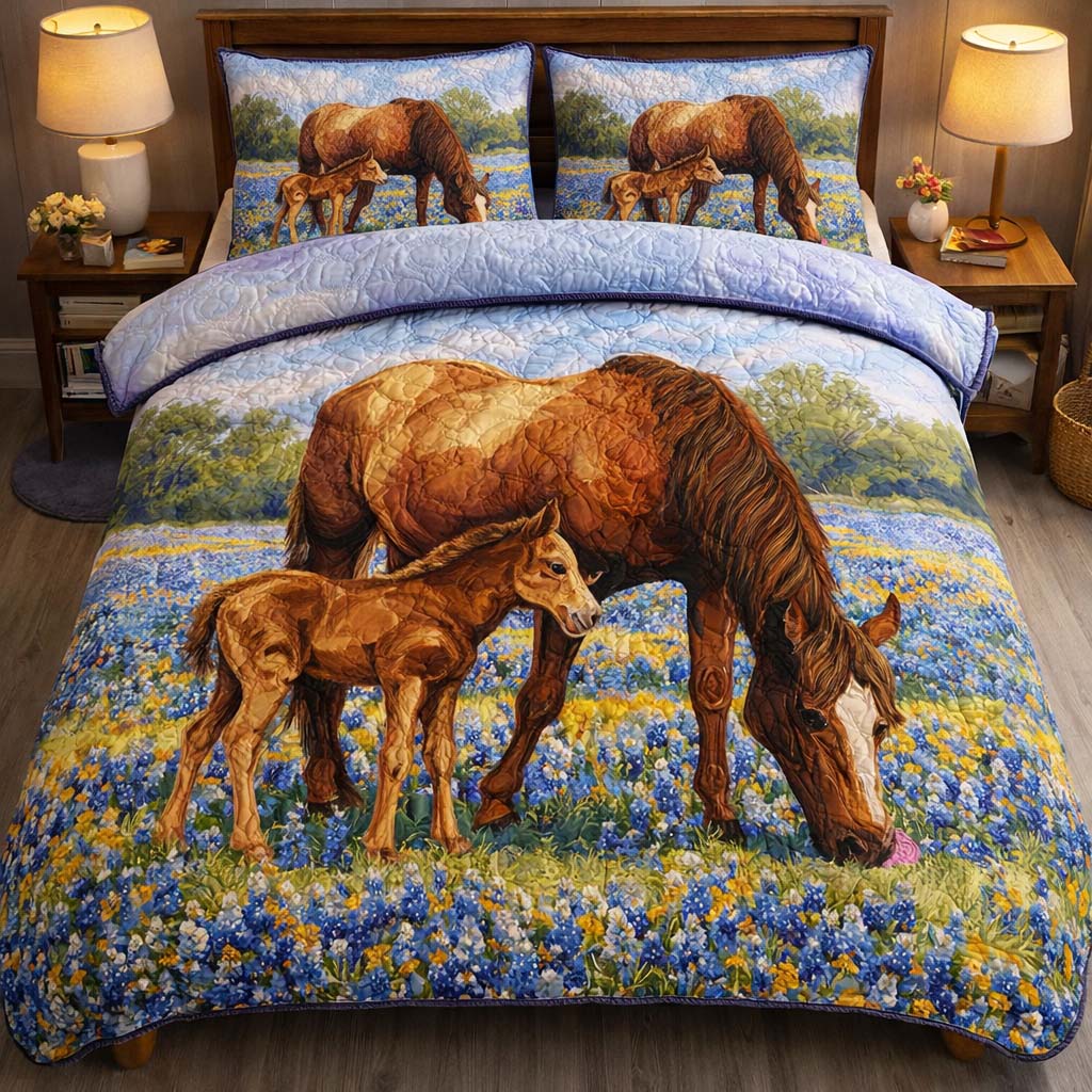 Bluebonnet Meadow Mare Quilted Bedding Set Bed Room Decoration Gift For Nature Enthusiasts - Tradiviet
