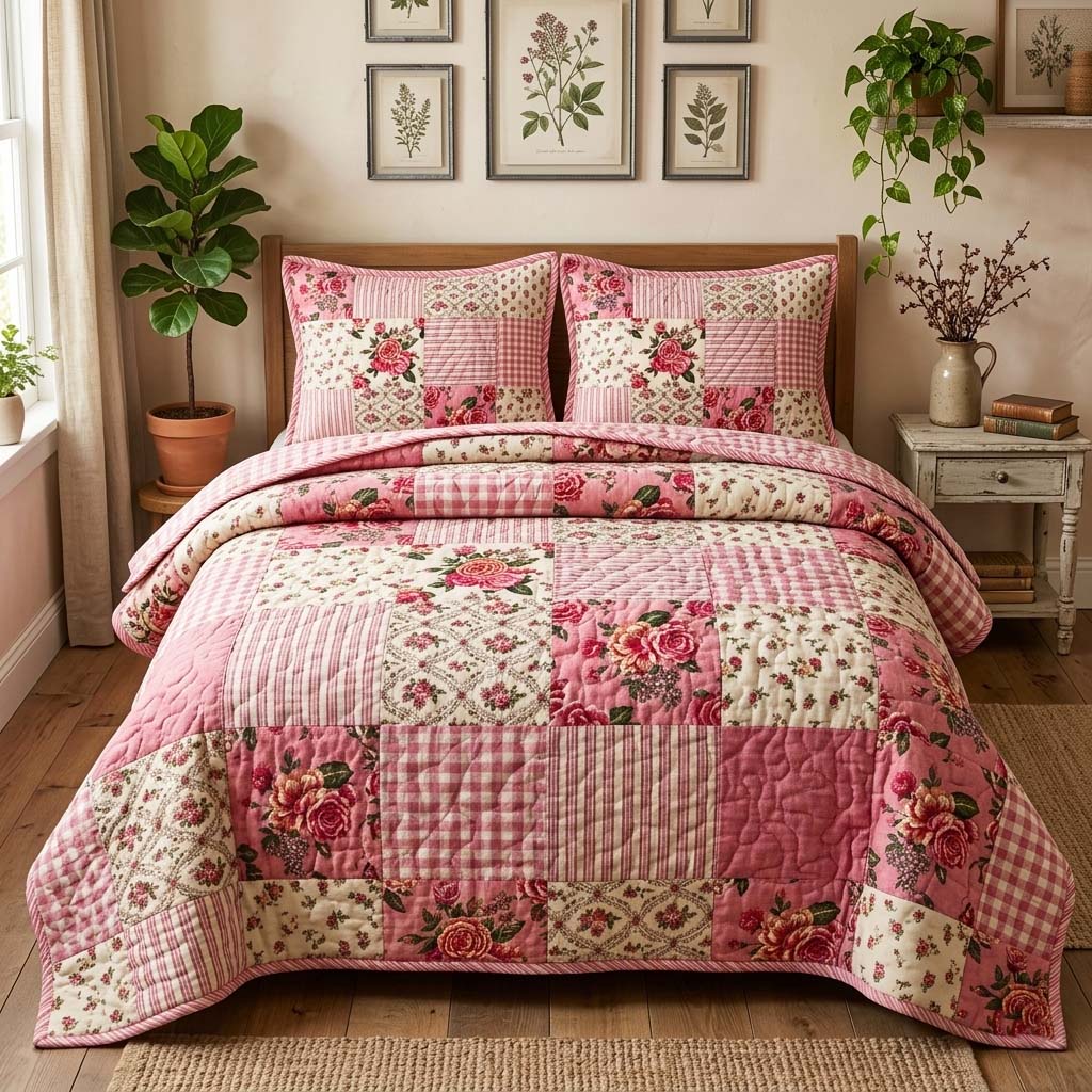 Blush Floral Quilted Bedding Set Holiday Bedroom Decor Unique Gift For Women - Tradiviet
