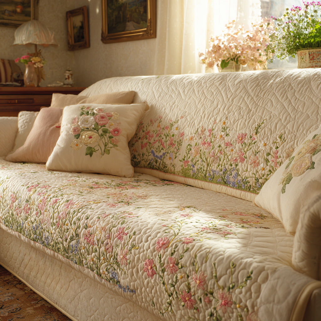Blush Garden Spread Quilted Sofa Cover Blush Floral Living Room Decor