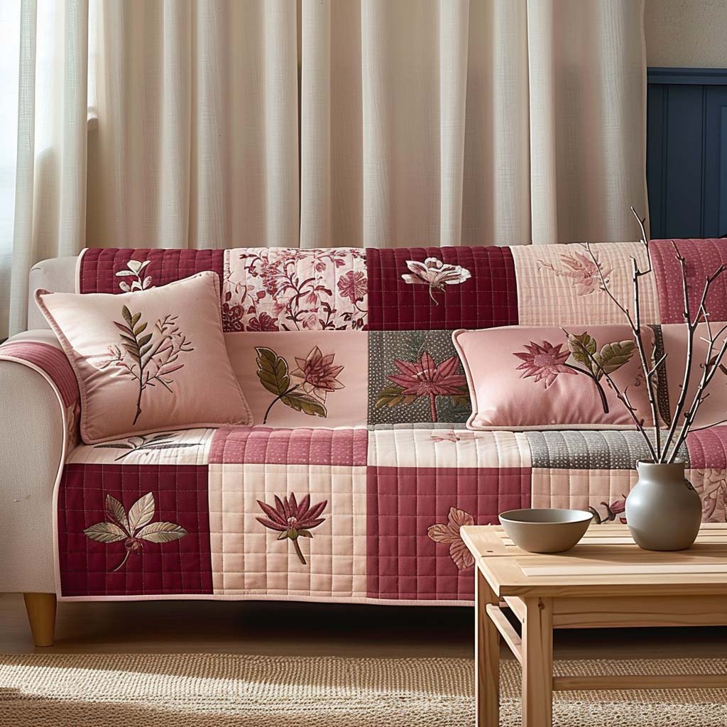 Blush Petal Patch Quilted Sofa Cover Patchwork Floral Quilt Design Home Decor