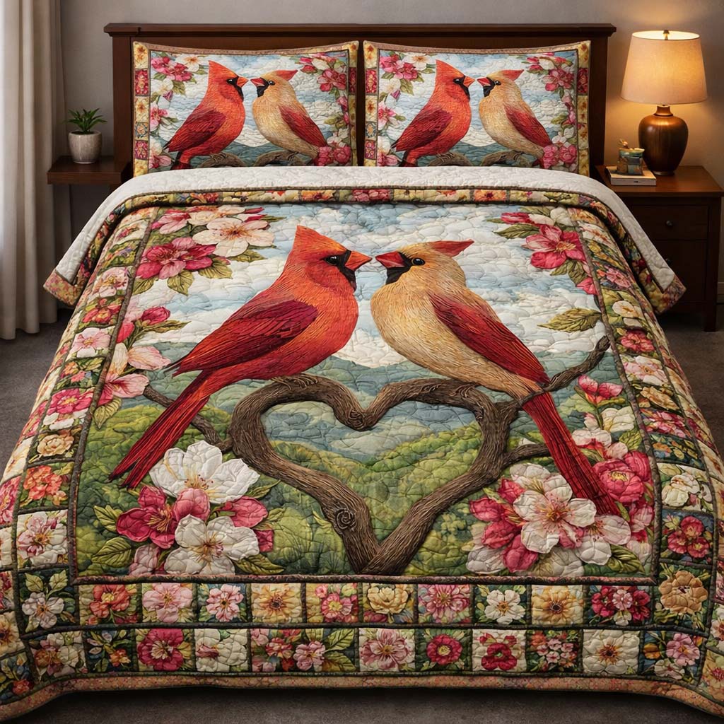 Blushing Cardinal Love Quilted Bedding Set Holiday Home Decor Gift For Bird Enthusiasts - Tradiviet