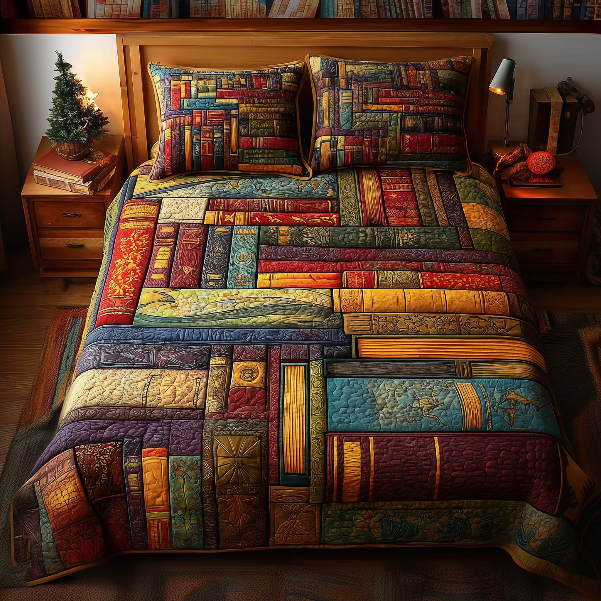 Book Mosaic Quilted Bedding Set Holiday Decorations Gift For Floral Fans - Tradiviet