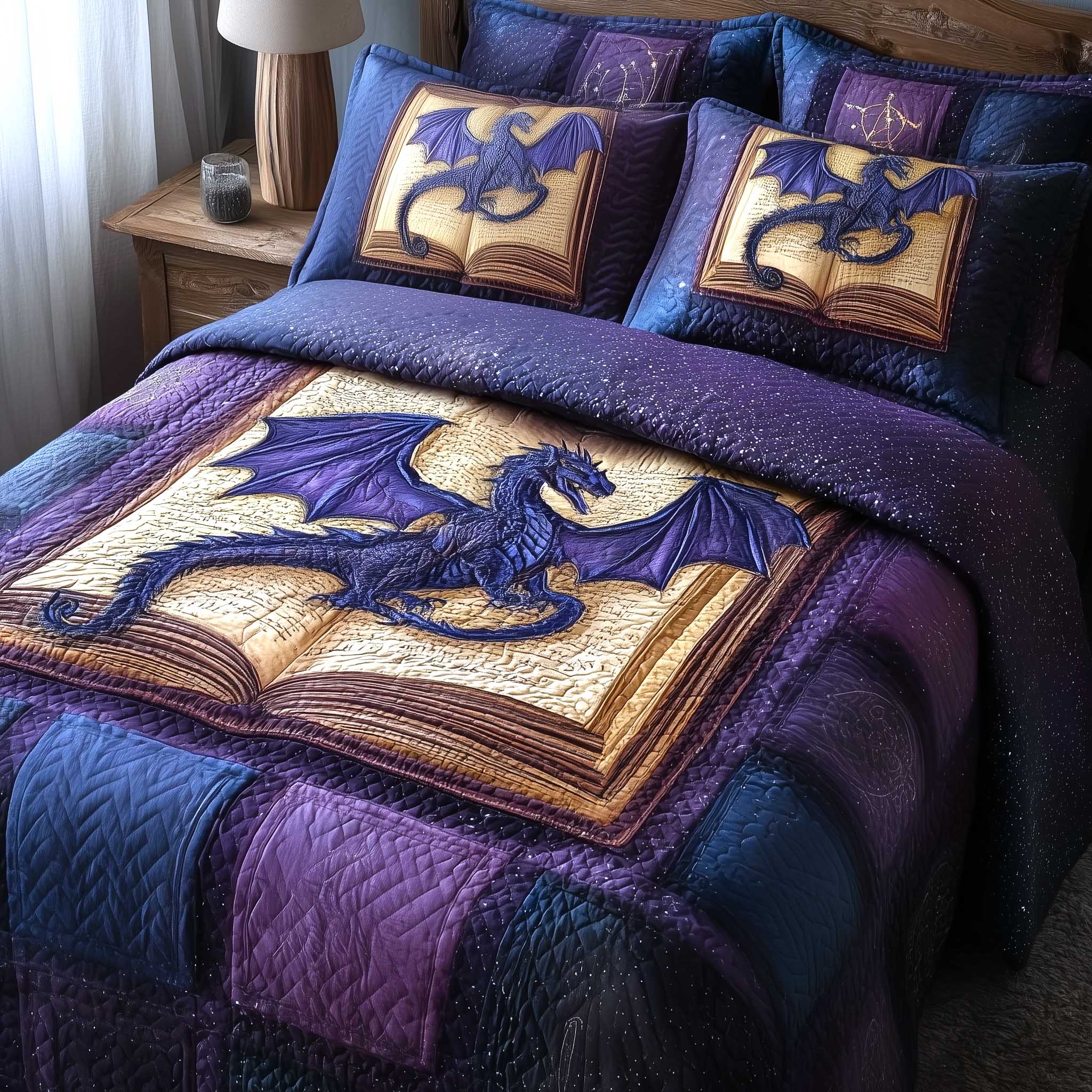 Bookbound Dragon Quilted Bedding Set Holiday Home Decor Birthday Gifts For Dragon Lovers - Tradiviet
