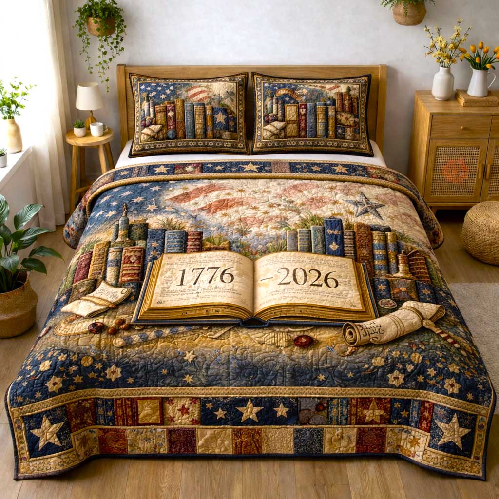 Books Stars USA Flag Quilted Bedding Set Historical Book Quilt Cover Set Gift For History Fan - Tradiviet