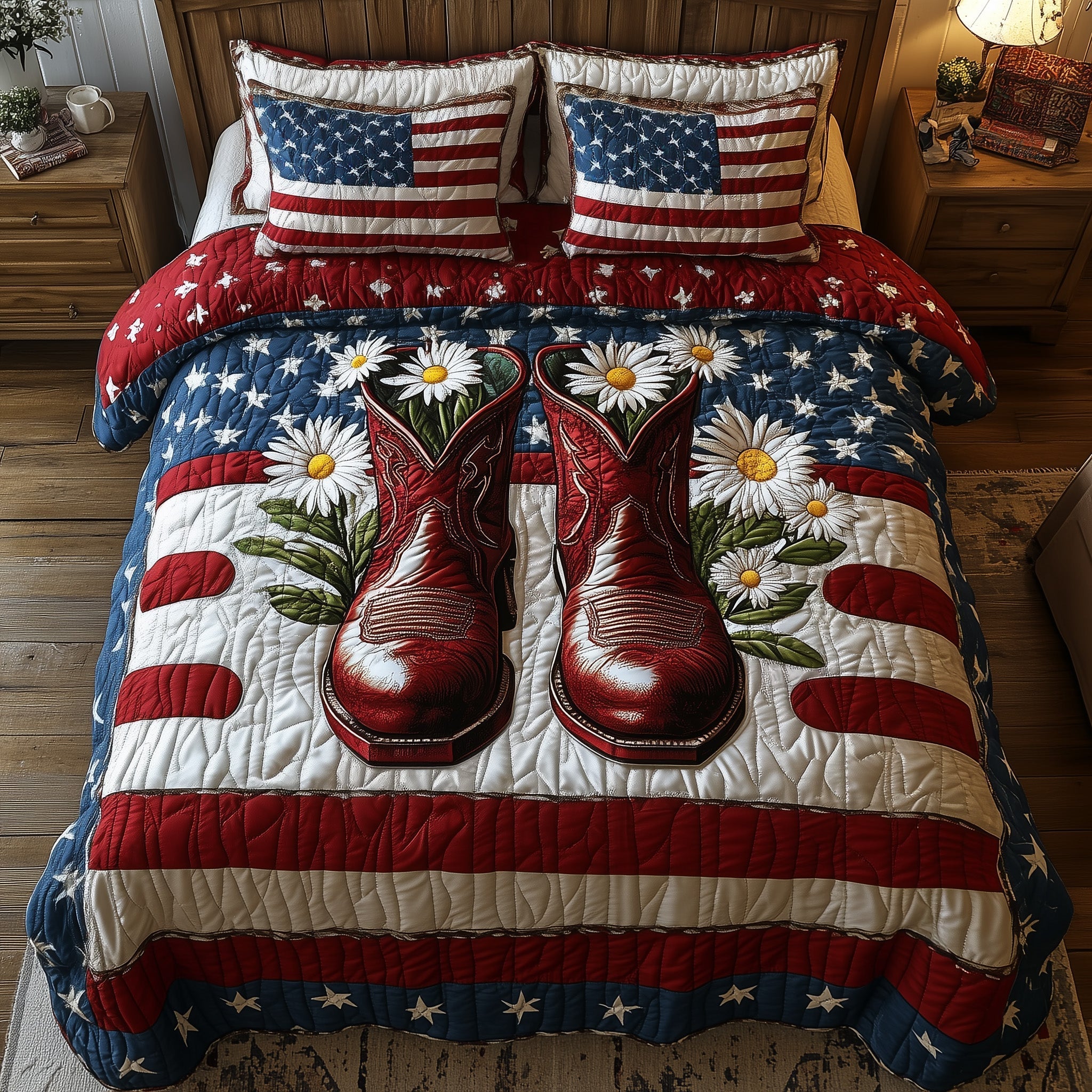 Boots Flowers US Flag Quilted Bedding Set American 250 Years Birthday Bedding Gift For Best Frind - Tradiviet