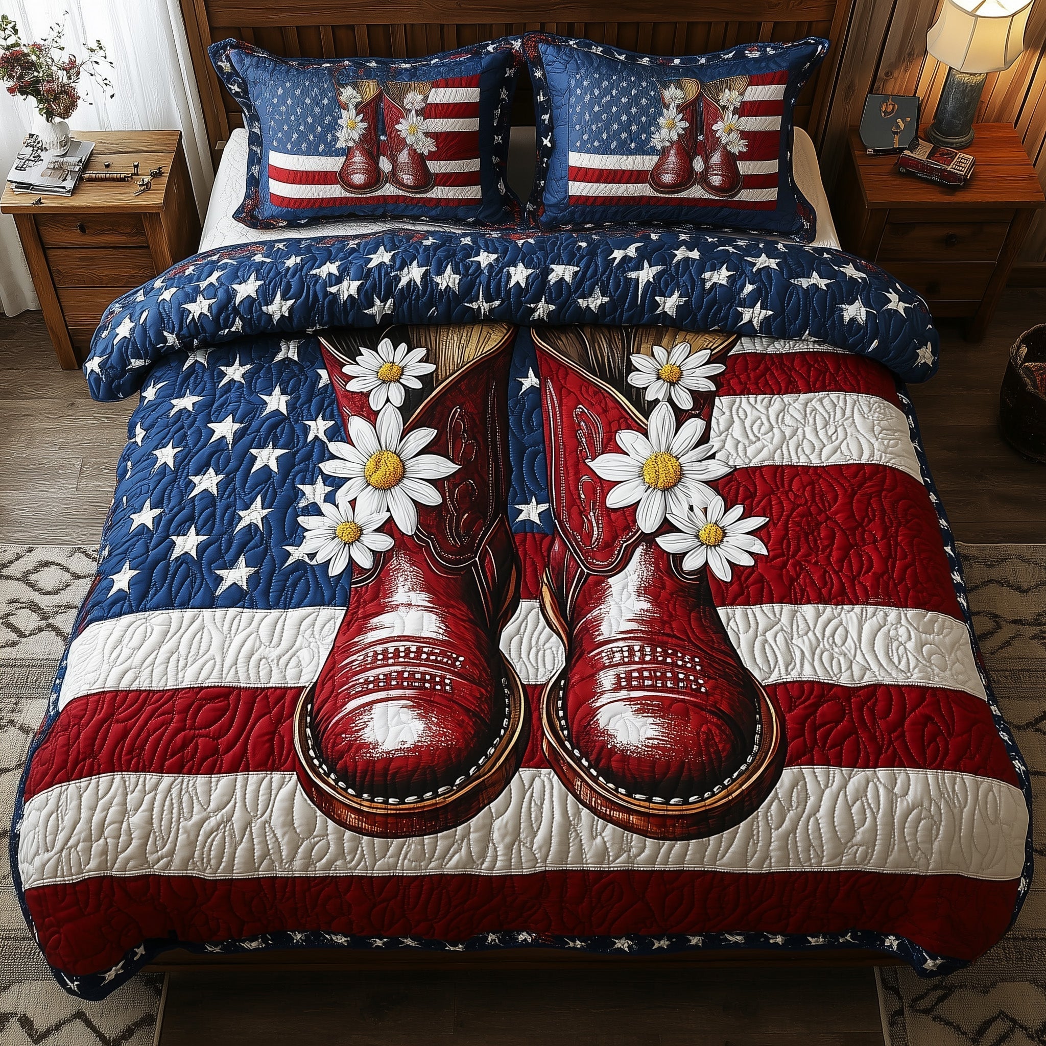 Boots Flowers USA Flag Quilted Bedding Set American Of Freedom Quilt Set Gift For Nurses - Tradiviet
