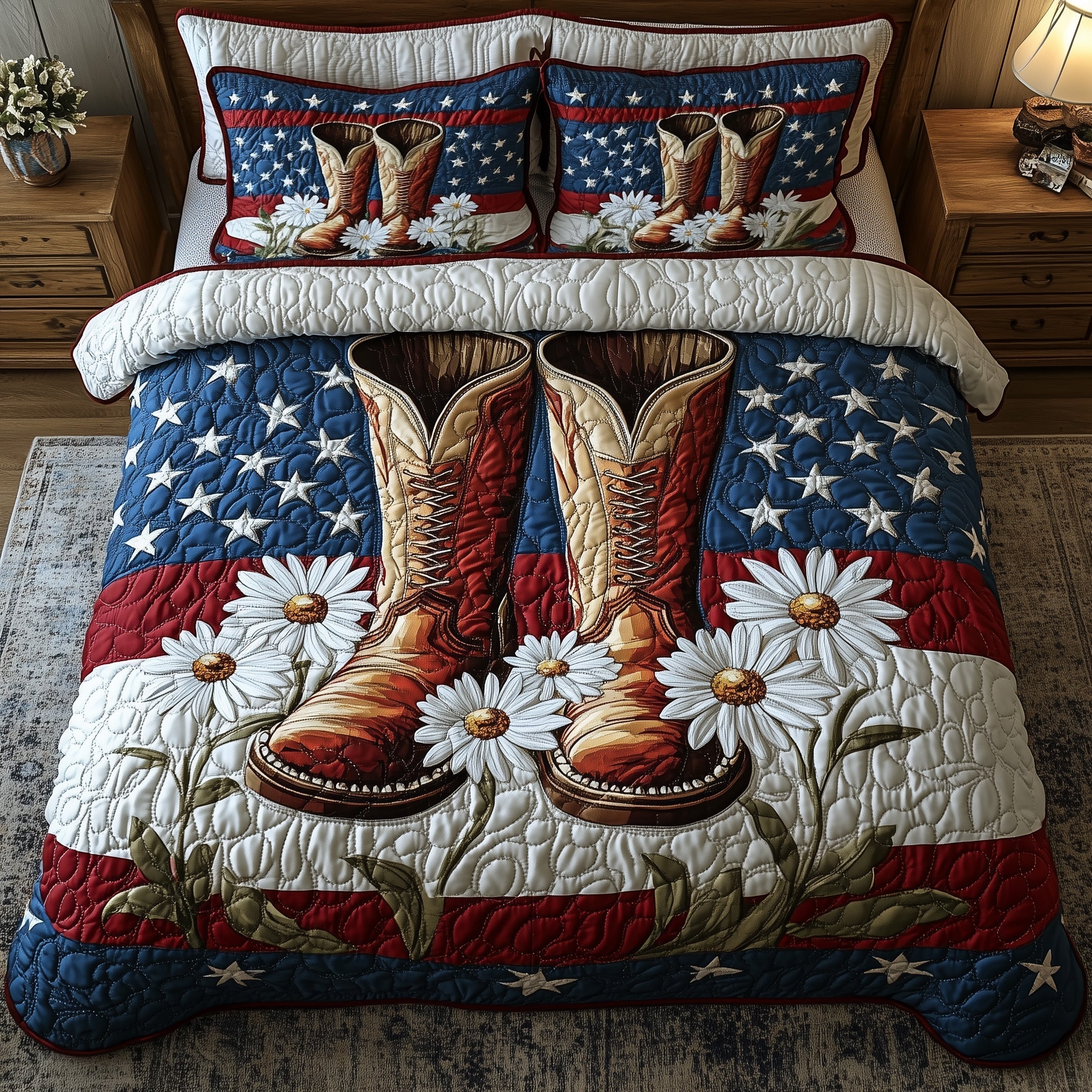 Boots Flowers USA Flag Quilted Bedding Set Country Quilt Set Gift For Students - Tradiviet