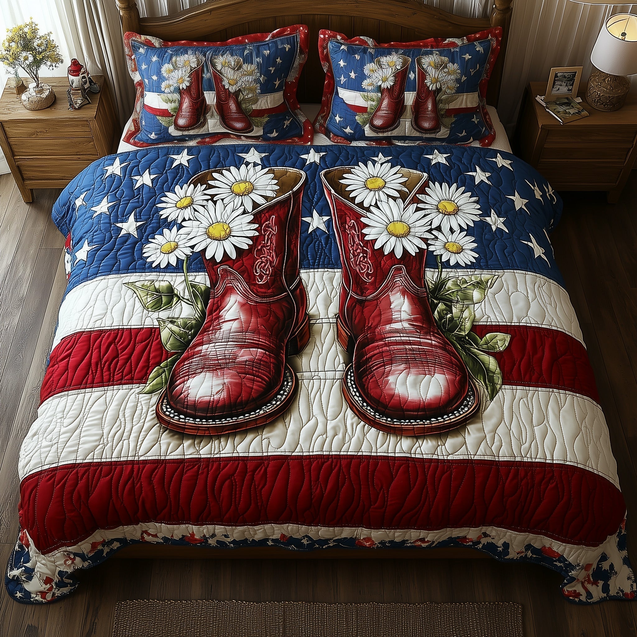 Boots Flowers USA Flag Quilted Bedding Set Cowboy And Daisies Queen Bedding Set Gift For Coworkers - Tradiviet