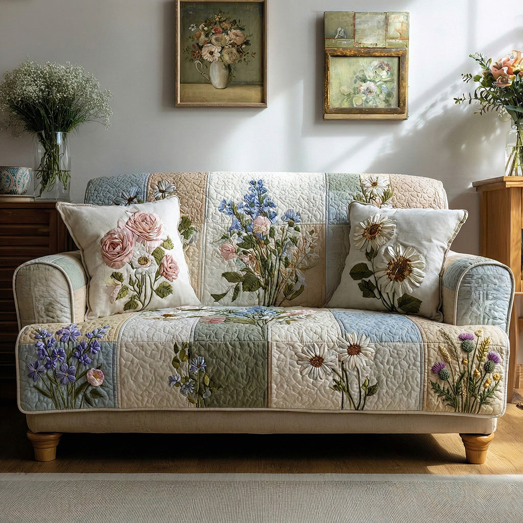 Botanical Patch Blend Quilted Sofa Cover Botanical Patchwork Decor