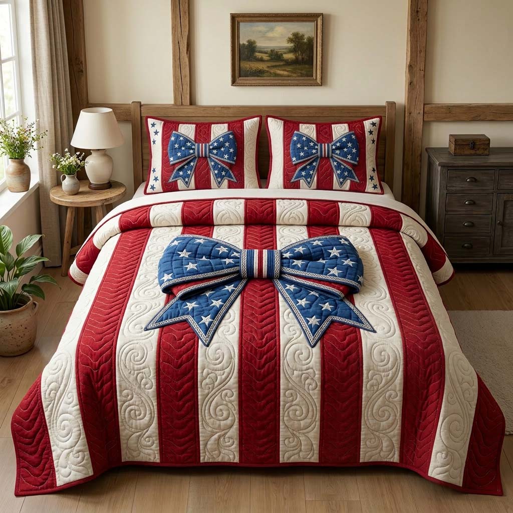 Bow American Flag Quilted Bedding Set Stars And Stripes Queen Bedding Set Gift For Son - Tradiviet
