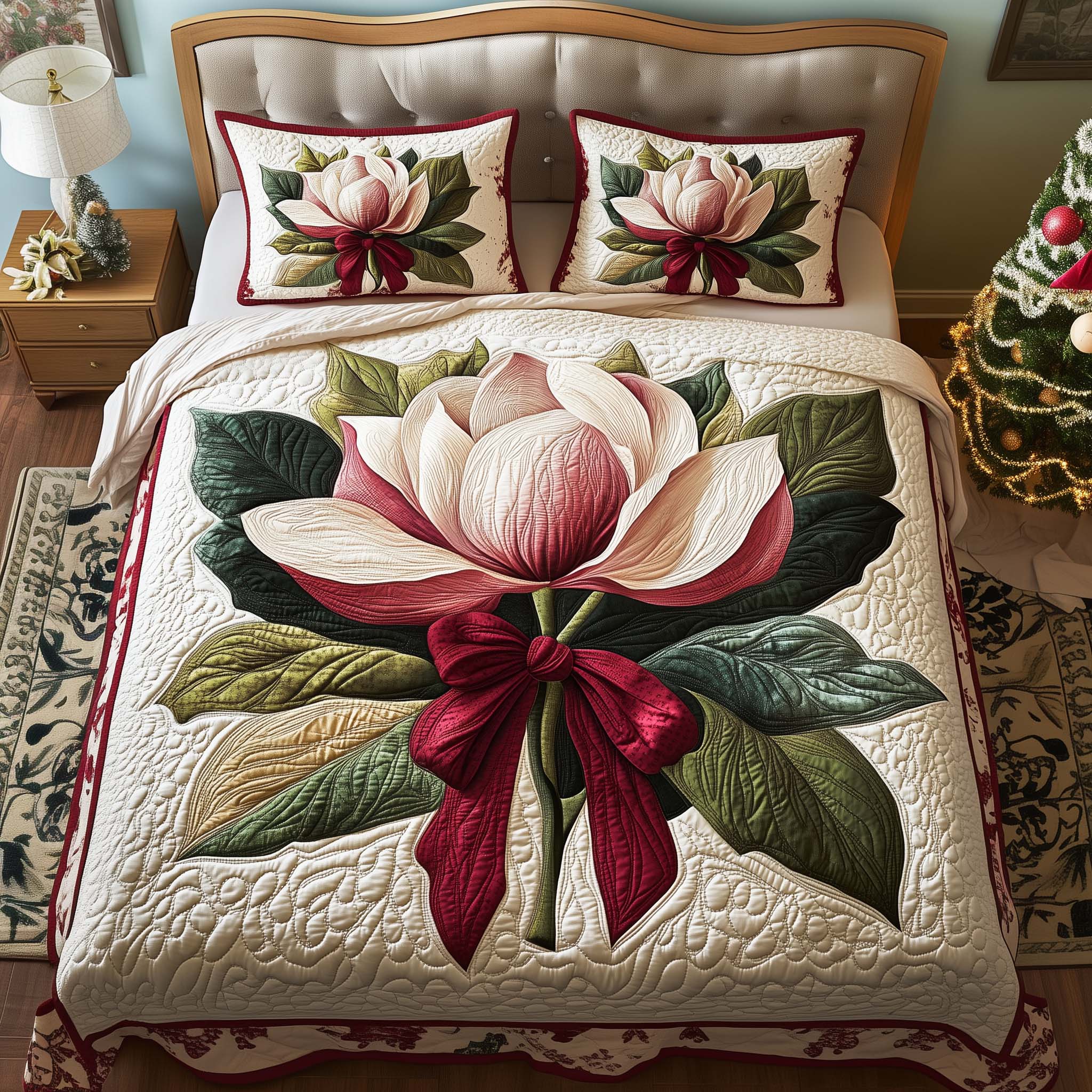Bow Magnolia Quilted Bedding Set Holiday House Decorations Gift For Garden Enthusiasts - Tradiviet