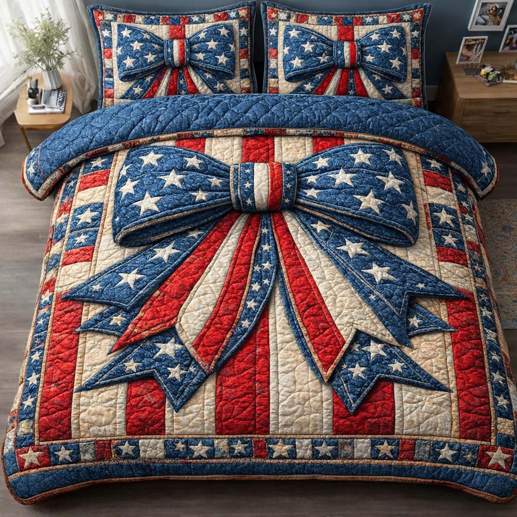 Bow US Flag Quilted Bedding Set America Patriotic Eagle Patchwork Bedding Gift For New Homeowner - Tradiviet