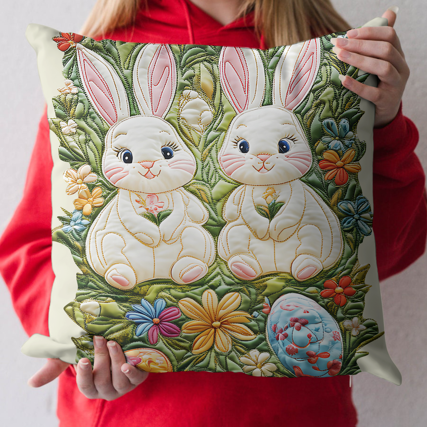 Bunny Bloom Quilted Pillow Case Spring Festival Easter Decor Ideal Gift For Housewarming - Tradiviet