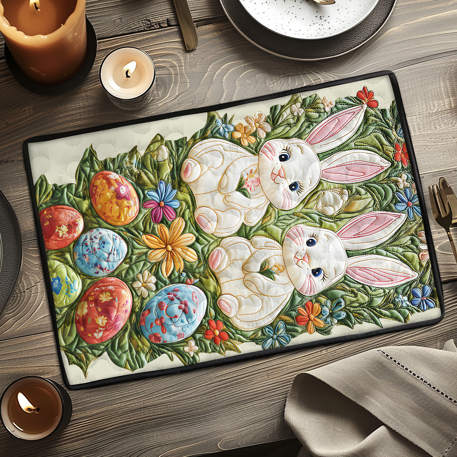 Bunny Bloom Quilted Place Mat Spring Nature Inspired Table Decor Unique Gift For Wife - Tradiviet