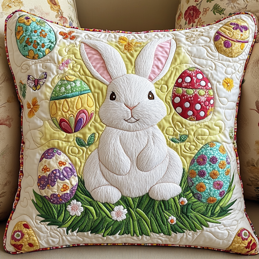 Bunny Fields Quilted Pillow Case Spring Festival Easter Room Decor Perfect Cozy Gift Idea - Tradiviet