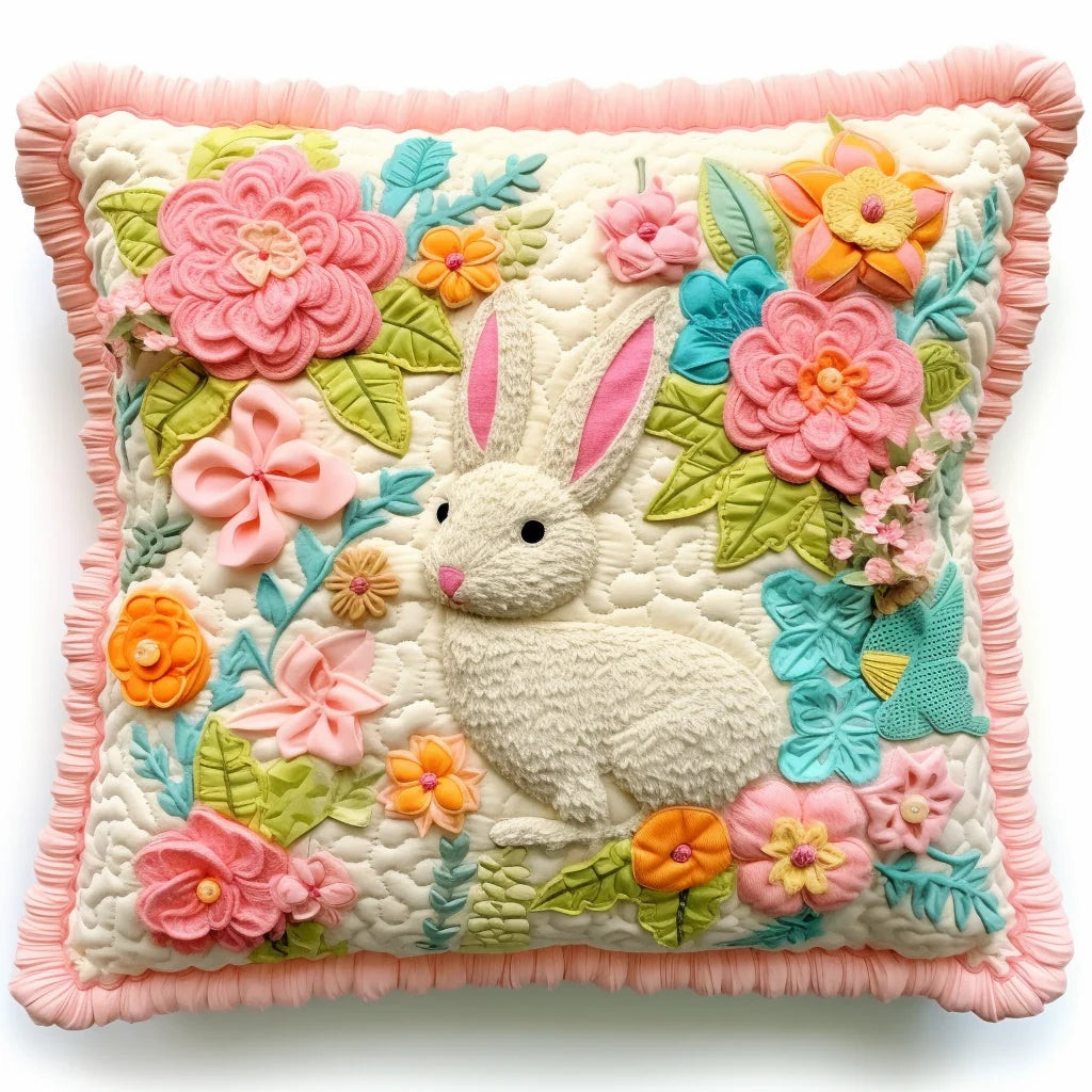 Bunny Quilted Pillow Case Spring Meadow Floral Bedroom Decor Unique Gift For Mom - Tradiviet
