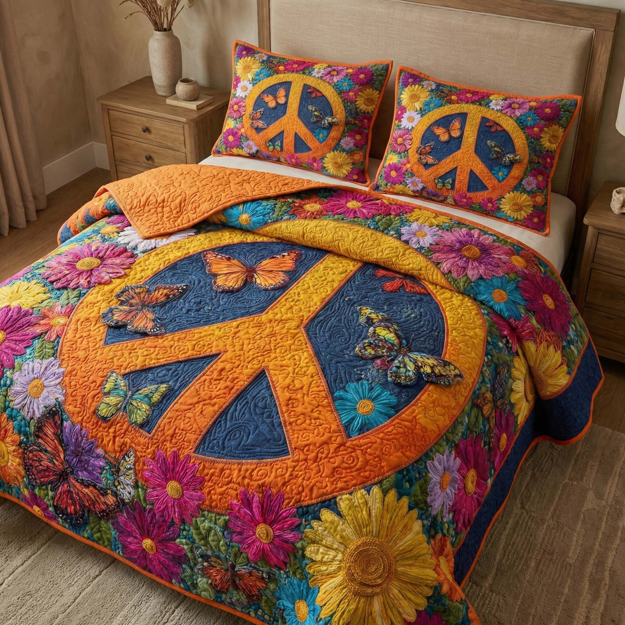 Butterfly Peace Quilted Bedding Set Holiday Bed Room Decor Presents For Butterfly Lovers Women - Tradiviet