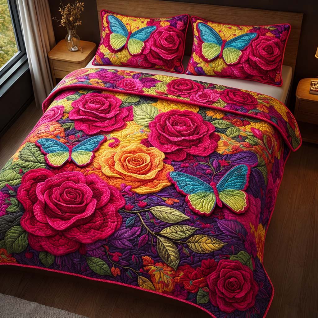 Butterfly Roses Quilted Bedding Set Holiday Decorations Awesome Gifts For Butterfly Lovers - Tradiviet
