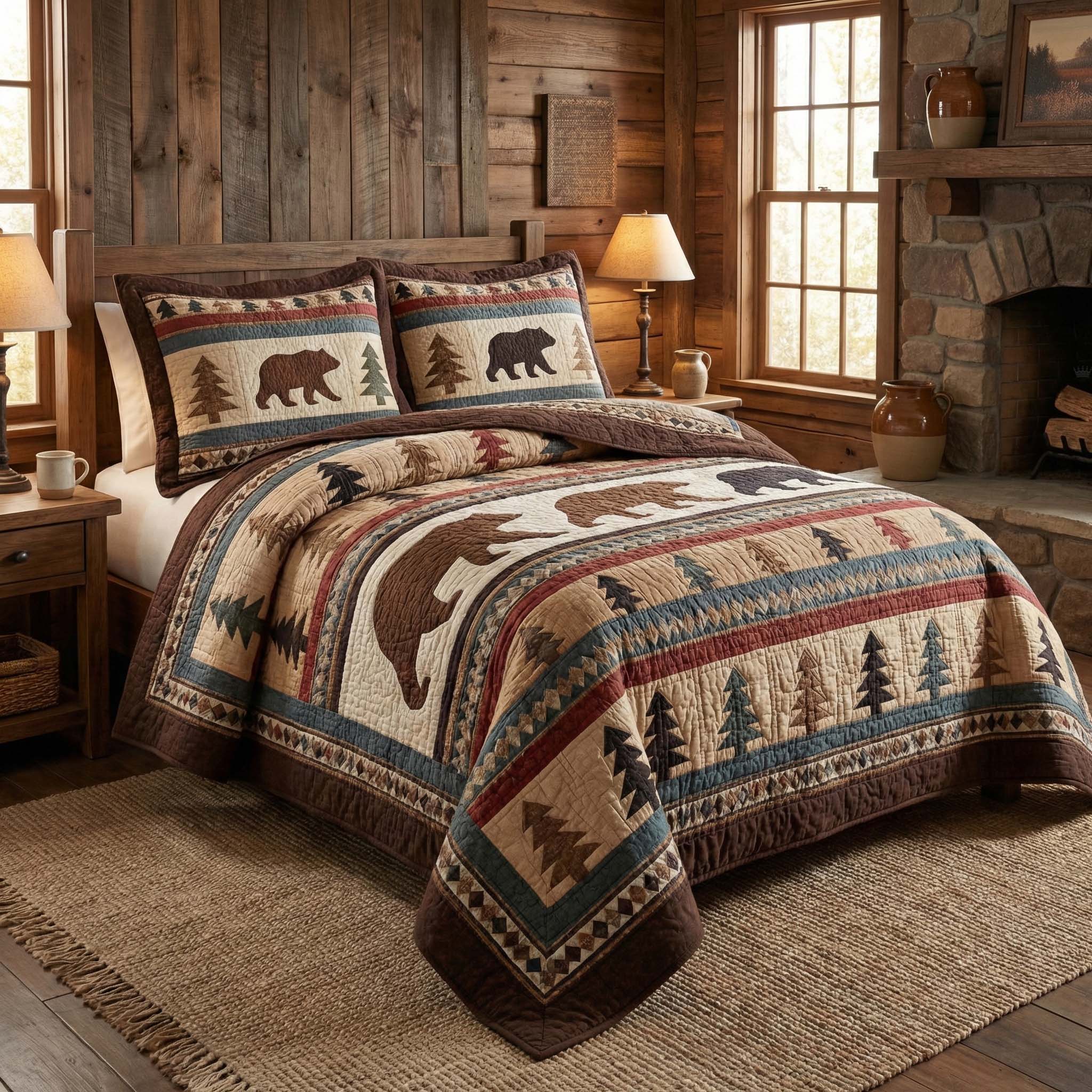 Cabin Bears Quilted Bedding Set Holiday House Decorations White Cabin Gift For Her - Tradiviet