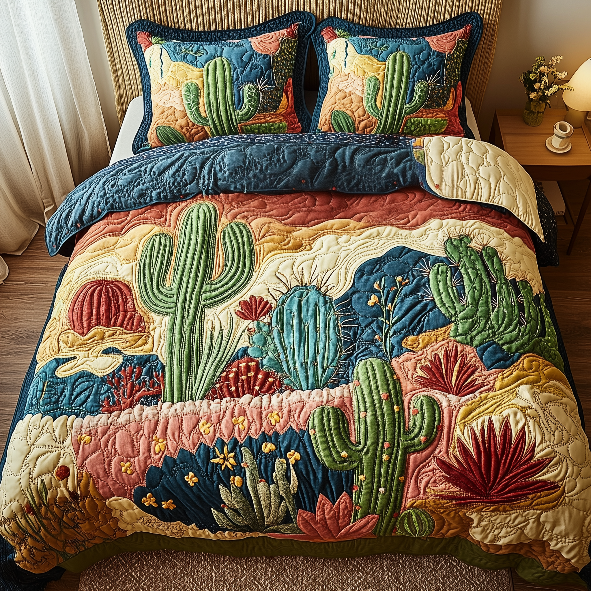 Cactus Festival Quilted Bedding Set Holiday Home Decor Ideas Cactus Themed Gifts - Tradiviet