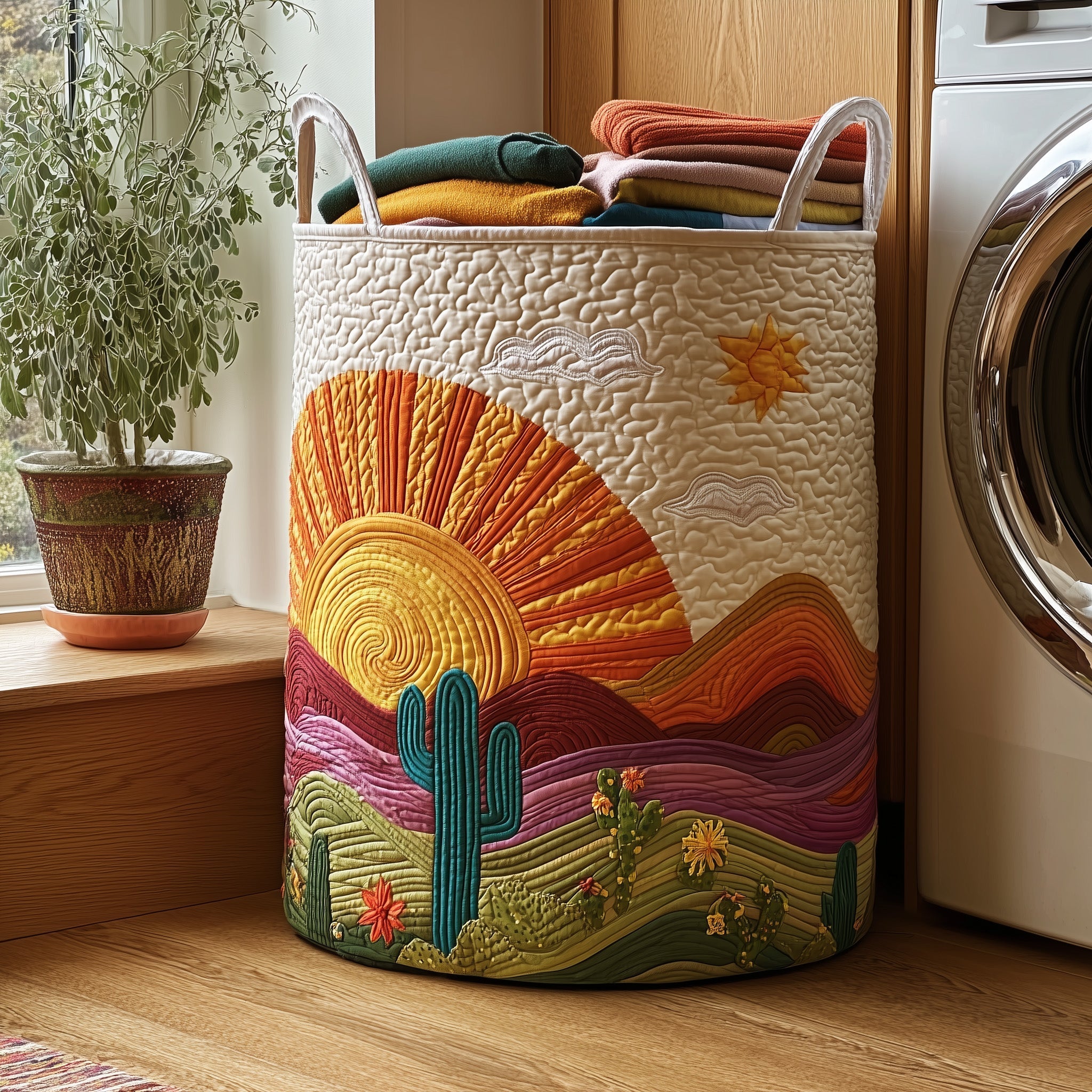 Cactus Sunset Quilted Laundry Basket Cute Baskets Great Mother's Day Gifts - Tradiviet