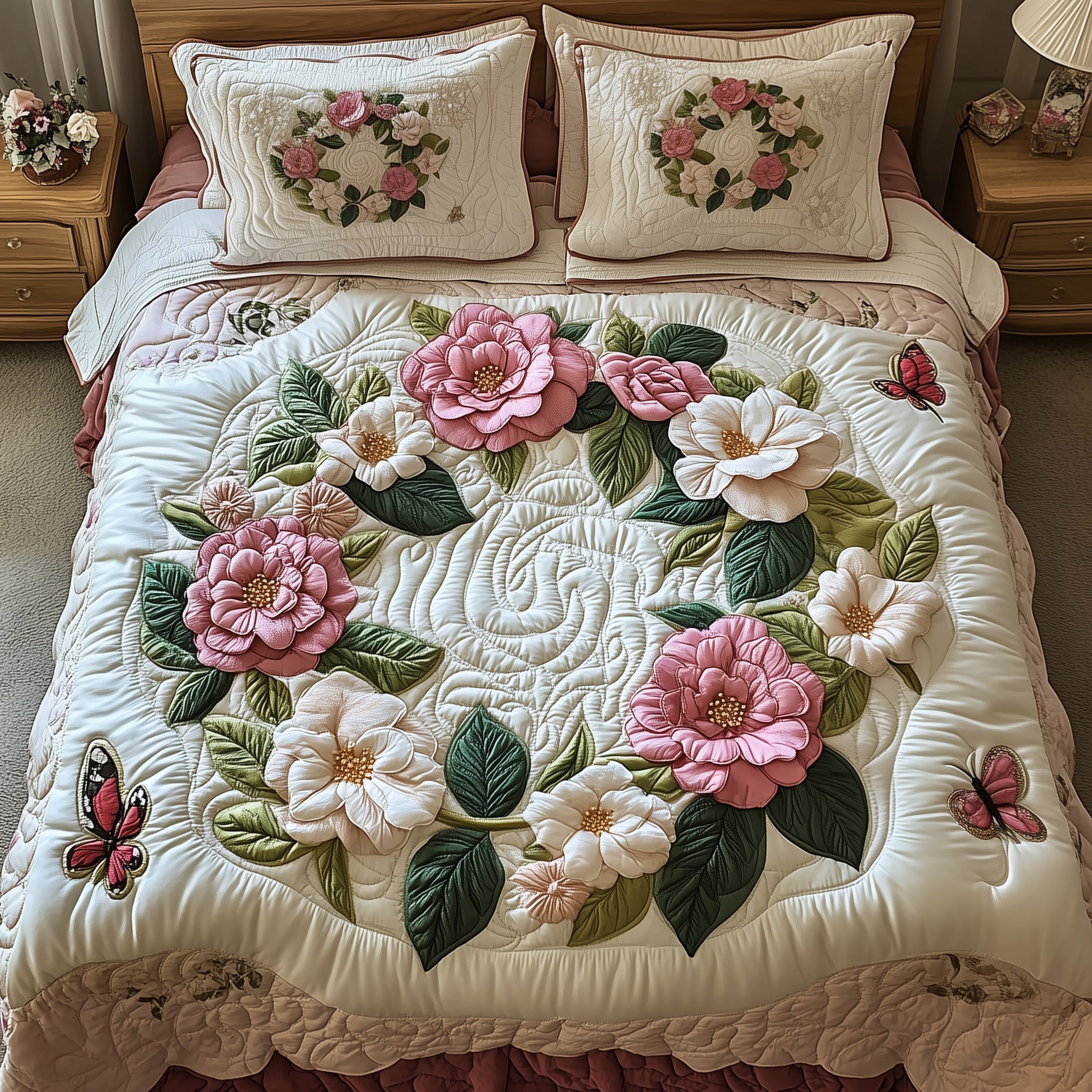 Camellia Quilted Bedding Set Holiday Home Decor Ideas Gift For Elegant Floral Decor - Tradiviet