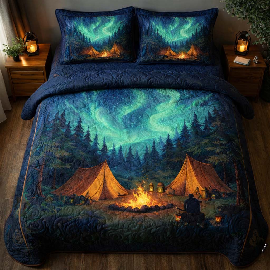 Campfire Aurora Night Quilted Bedding Set Room Decoration Items Gift For Adventure Seekers - Tradiviet