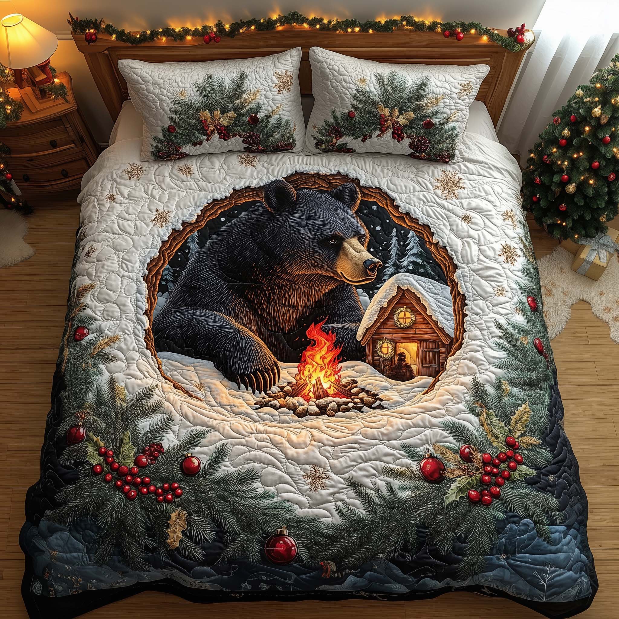Campfire Bear Quilted Bedding Set Room Decoration Items Bear Gifts For Him Her - Tradiviet