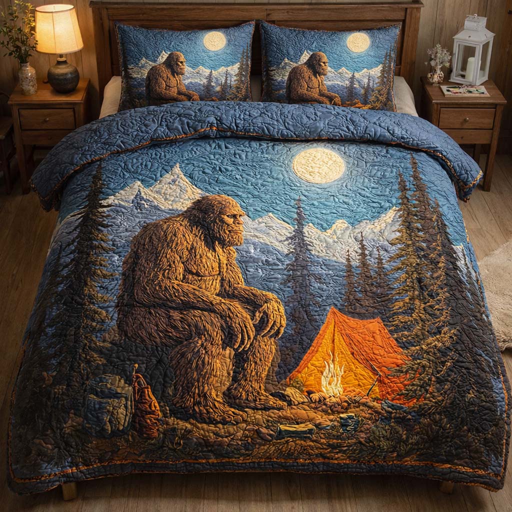 Campfire Mountain Bigfoot Quilted Bedding Set Autumn Inspired Bedroom Mountain Themed Gift For Nature Lovers - Tradiviet
