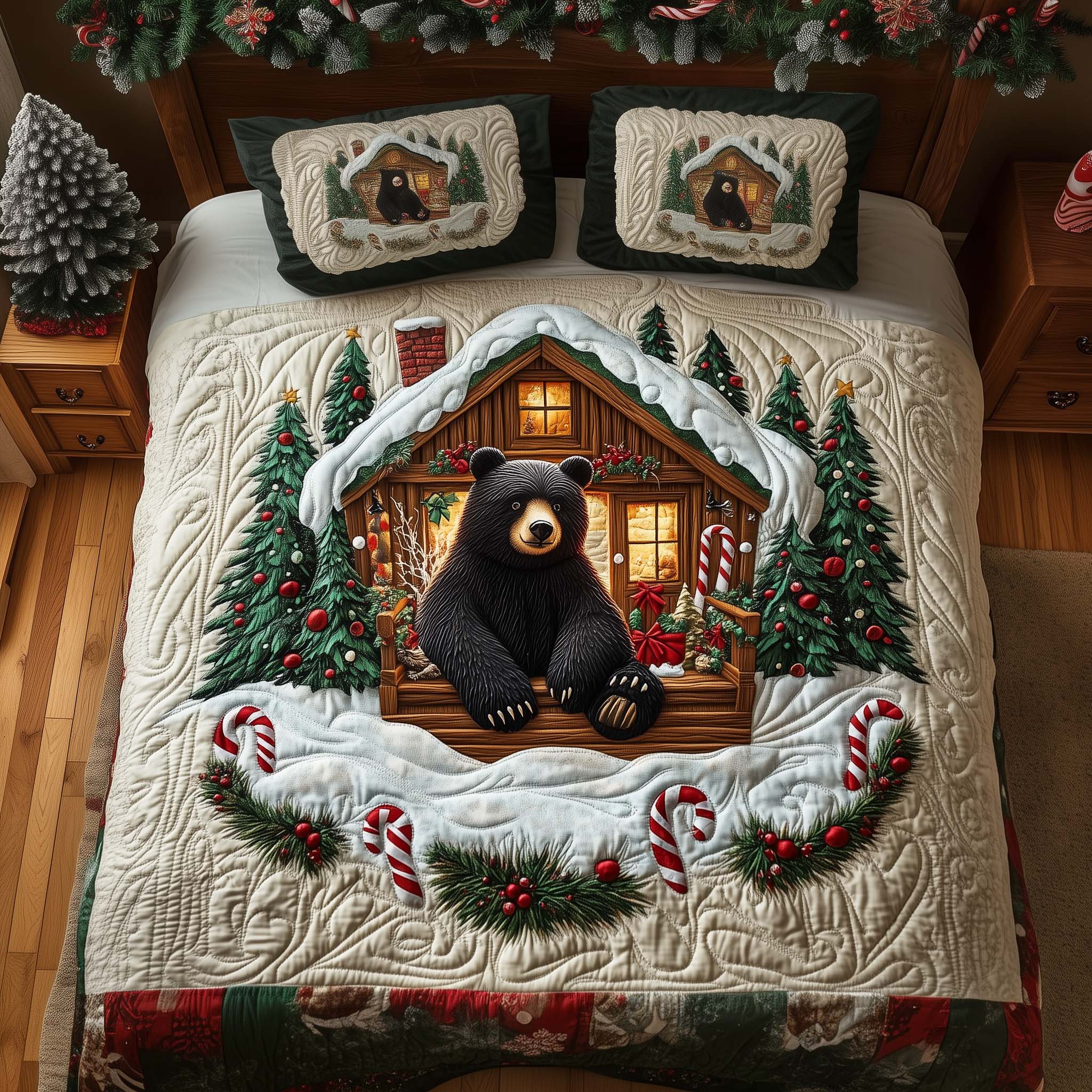 Candy Cabin Quilted Bedding Set Autumn Inspired Bedroom Cozy White Cabin Gift For Winter - Tradiviet
