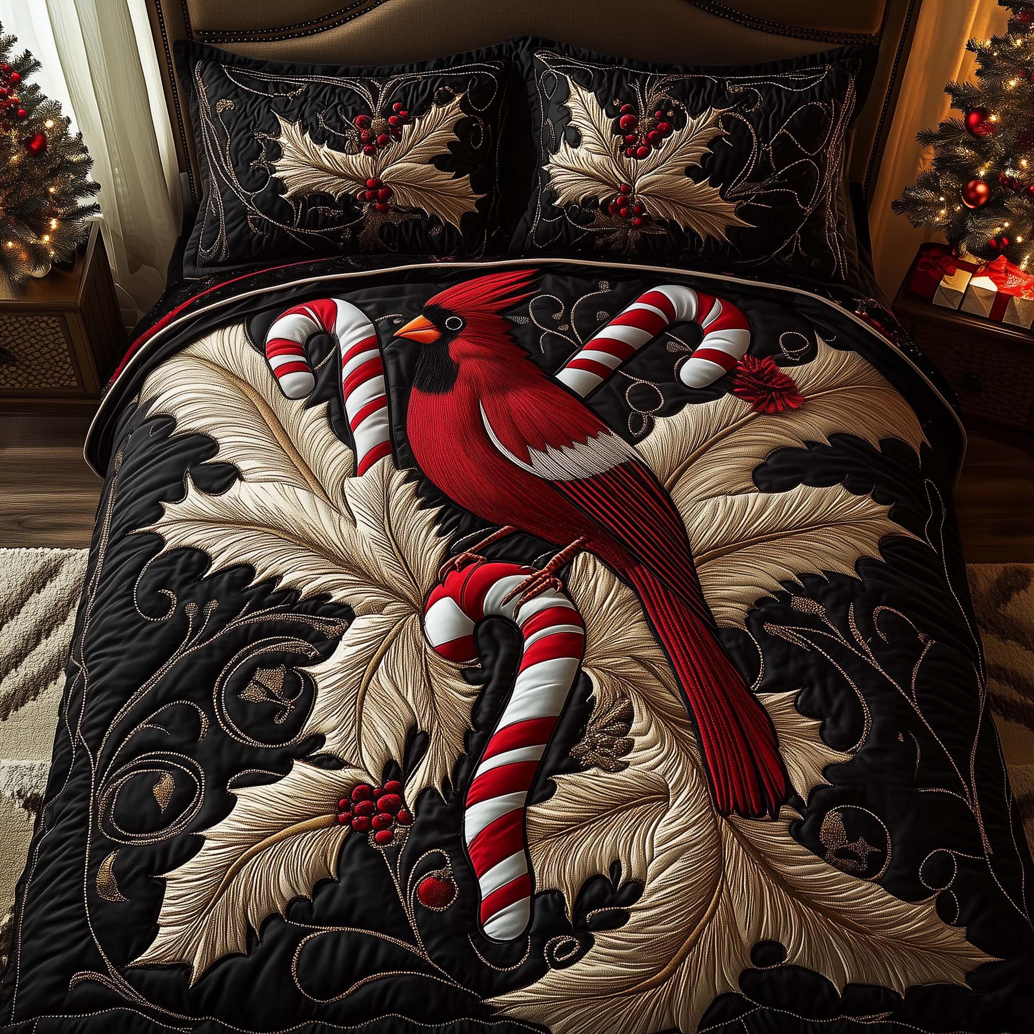 Candy Cardinal Quilted Bedding Set Holiday Home Decor Candy Cardinal Gift For Loved Ones - Tradiviet