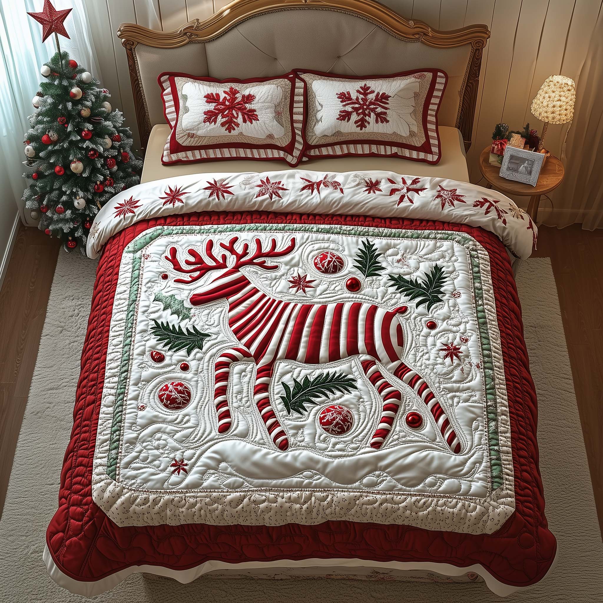 Candy Striped Reindeer Quilted Bedding Set Bedroom Decorations Candy Striped Reindeer Gift Set - Tradiviet