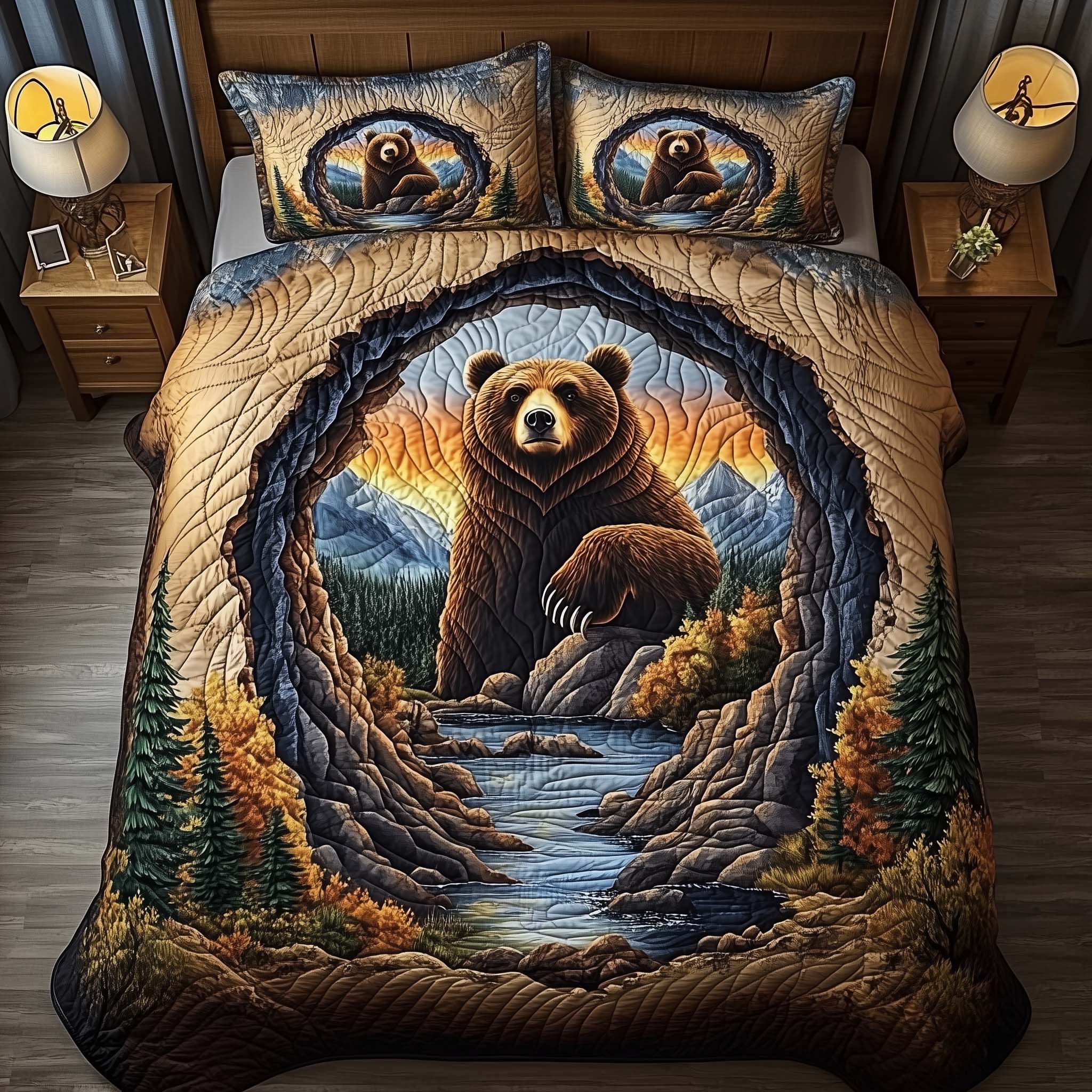 Canyon Bear Quilted Bedding Set Autumn Inspired Bedroom Bear Gifts For Mom Mother's Day - Tradiviet