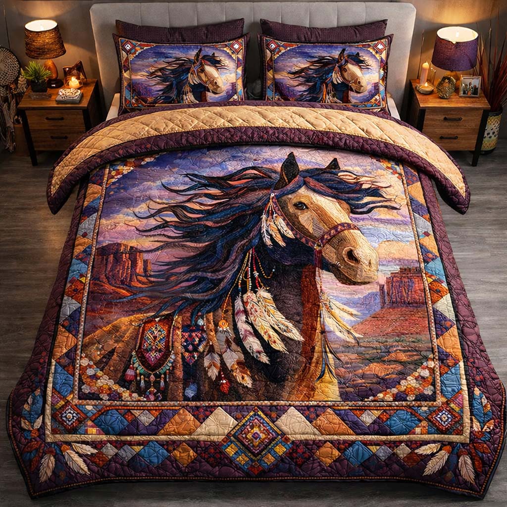 Canyon Wind Stallion Quilted Bedding Set Mens Bedroom Decor Gift For Desert Lovers - Tradiviet