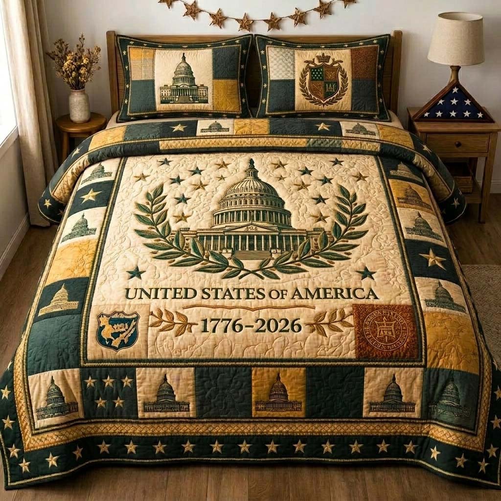 Capitol Building US Flag Quilted Bedding Set 1776-2026 Freedom Bedding Gift For Mom - Tradiviet