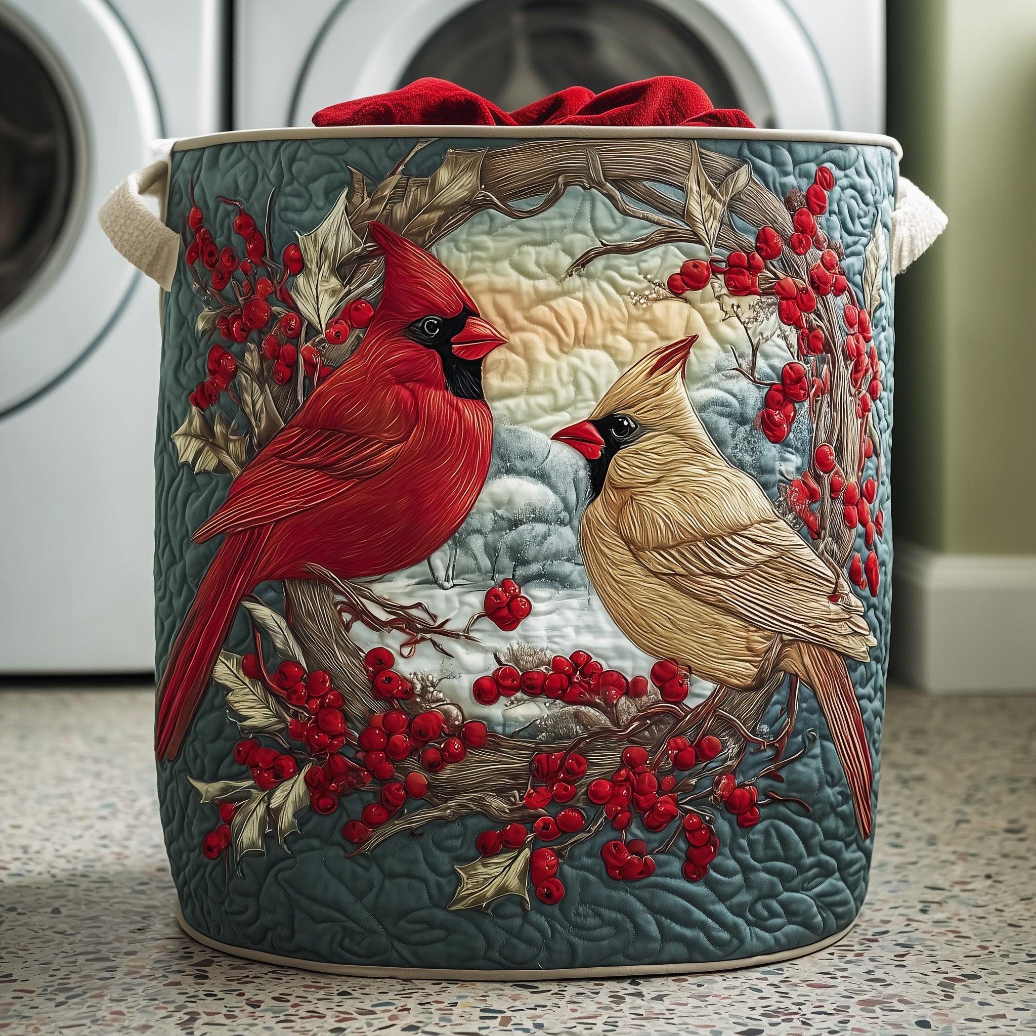 Cardinal Berries Quilted Laundry Basket Cute Storage Baskets Gift For Grandma - Tradiviet