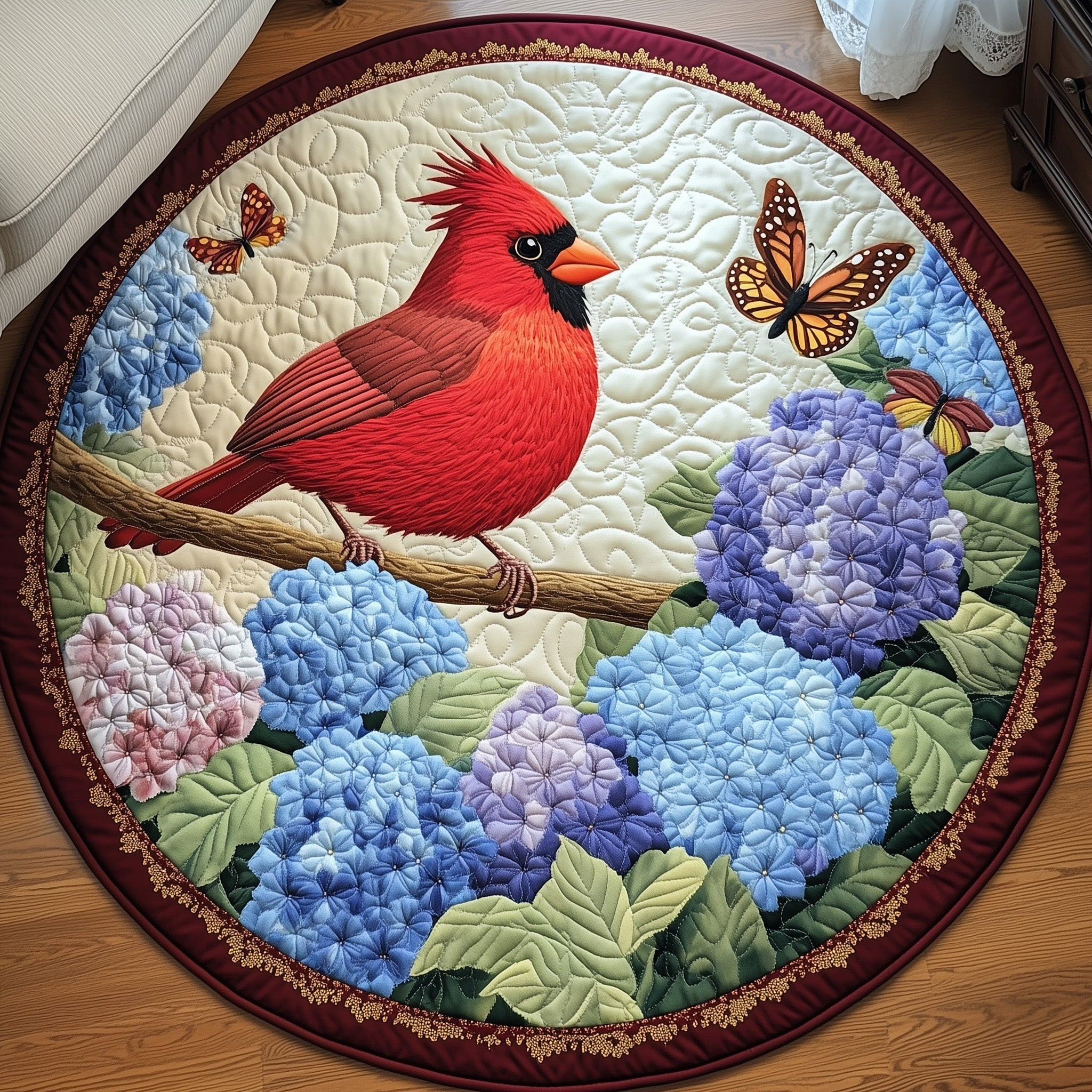 Cardinal Bird Quilted Round Mat Hydrangea Floral Circle Rug Gift For Grandma - Tradiviet