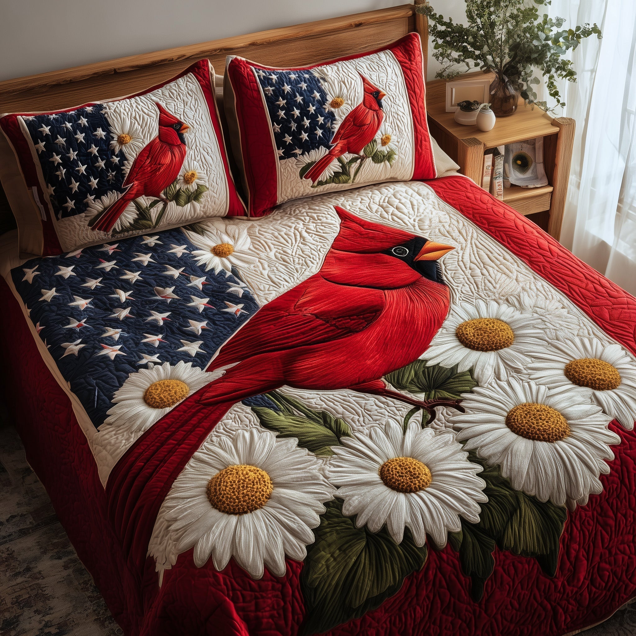 Cardinal Flowers USA Flag Quilted Bedding Set 1776-2026 Patriotic Rustic Bedding Gift For Coworkers - Tradiviet