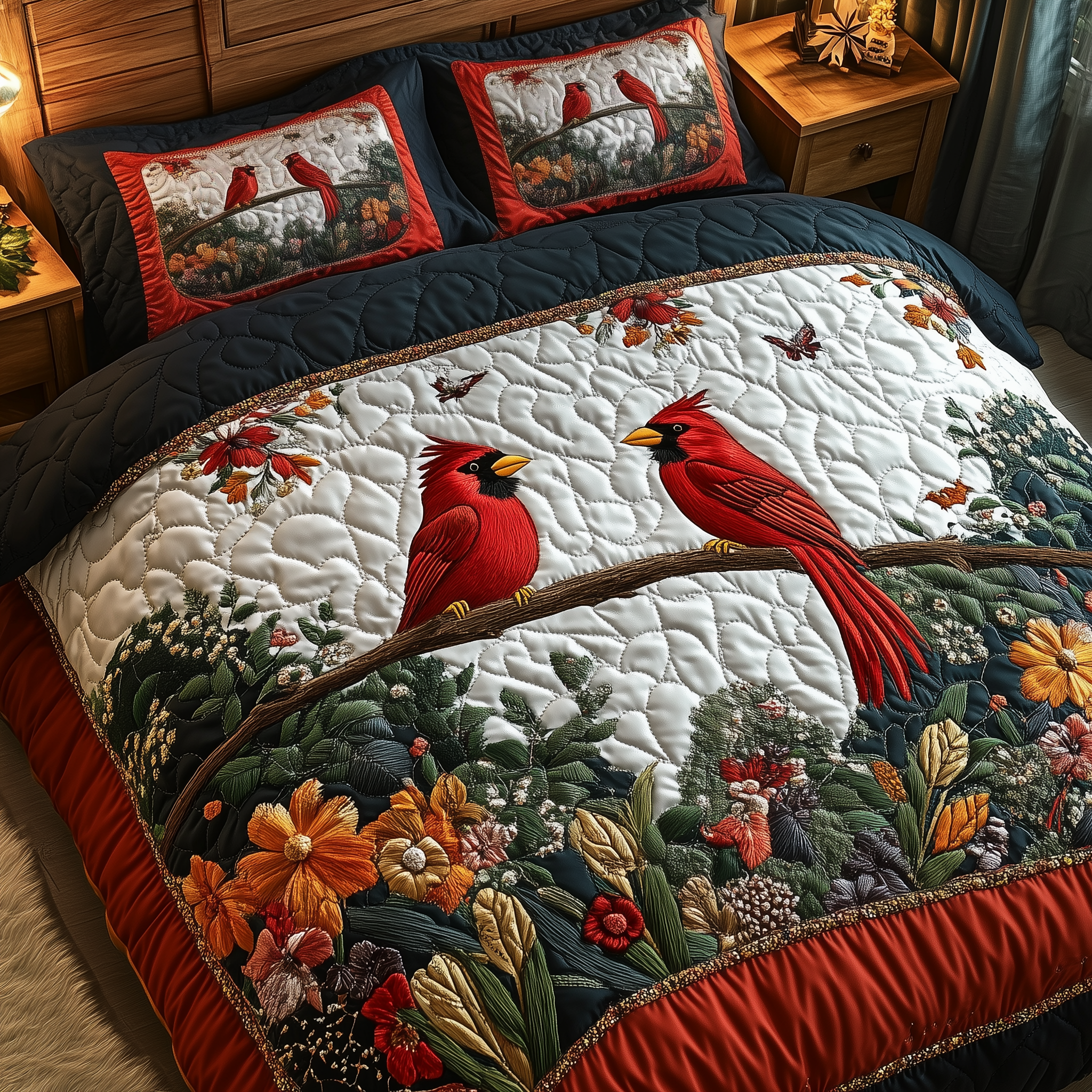Cardinal Hearts Together Quilted Bedding Set Autumn Inspired Bedroom Father's Day Gift Ideas - Tradiviet
