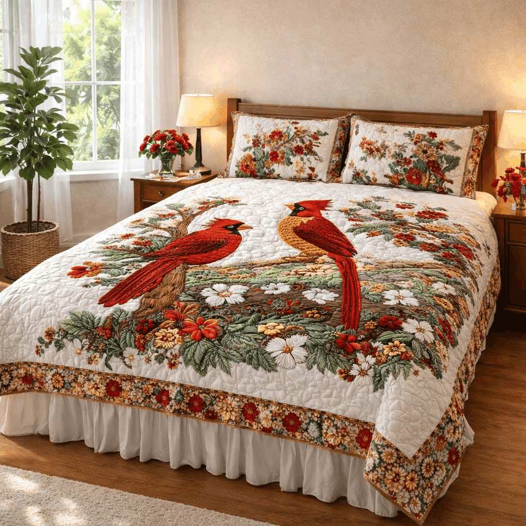 Cardinal Love Quilt Bedding Set Floral Duvet Covers For Valentine Day