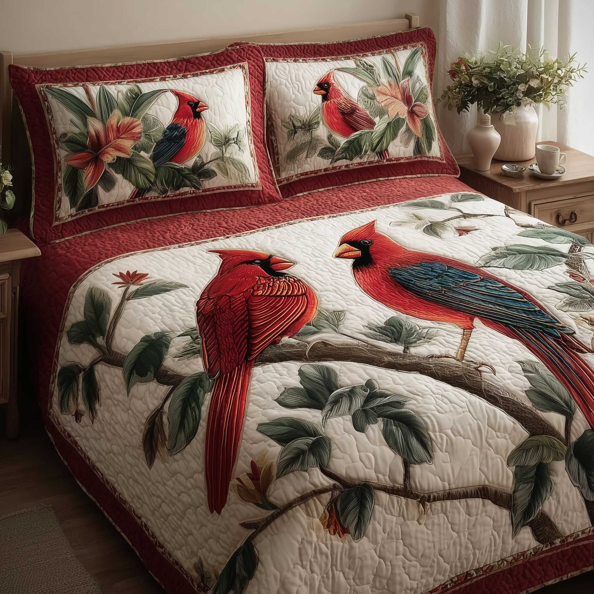 Cardinal Love Quilted Bedding Set Holiday Home Decor Ideas Mother's Day Gifts - Tradiviet