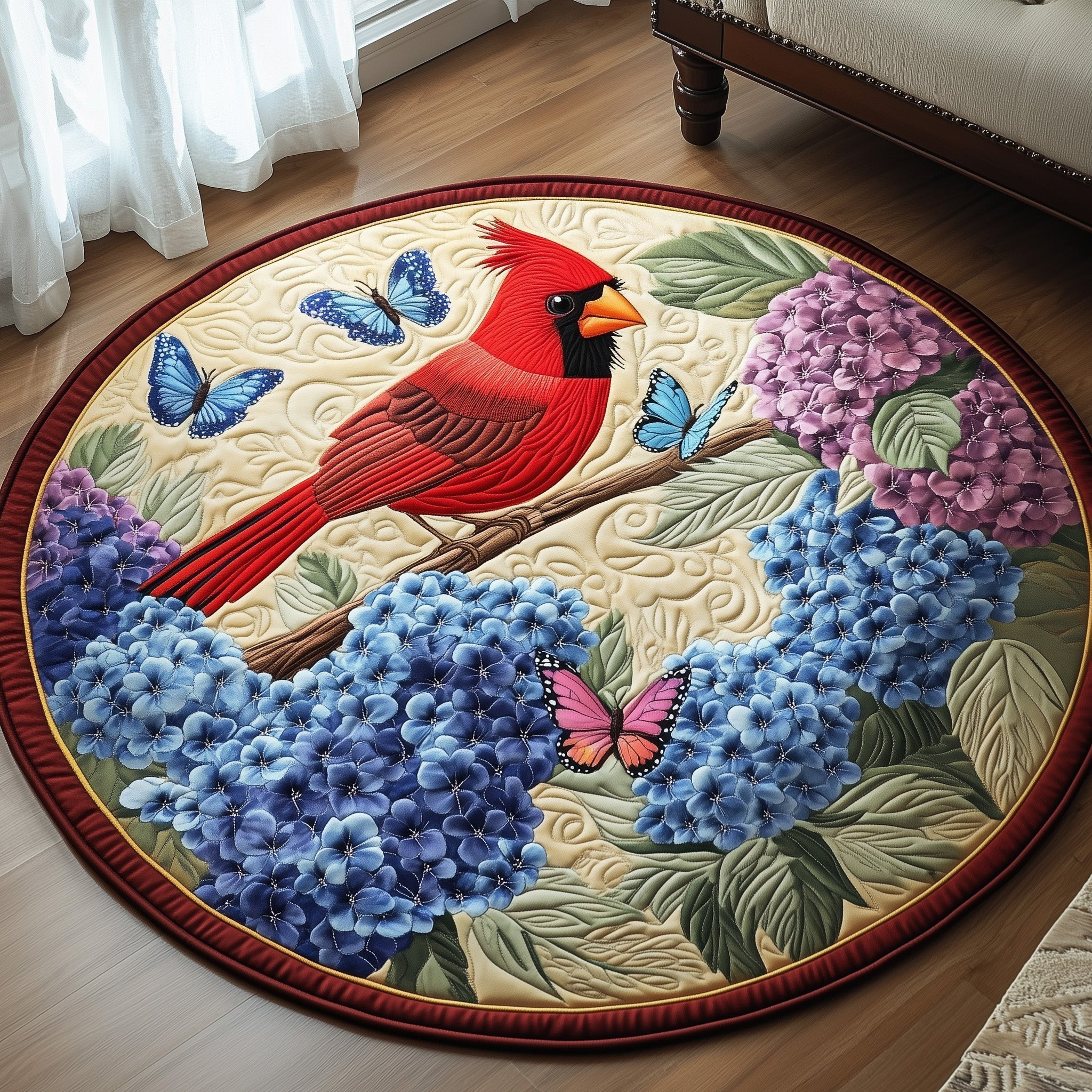Cardinal Quilted Round Mat Blue Hydrangea Circle Rug Gift For Nana - Tradiviet
