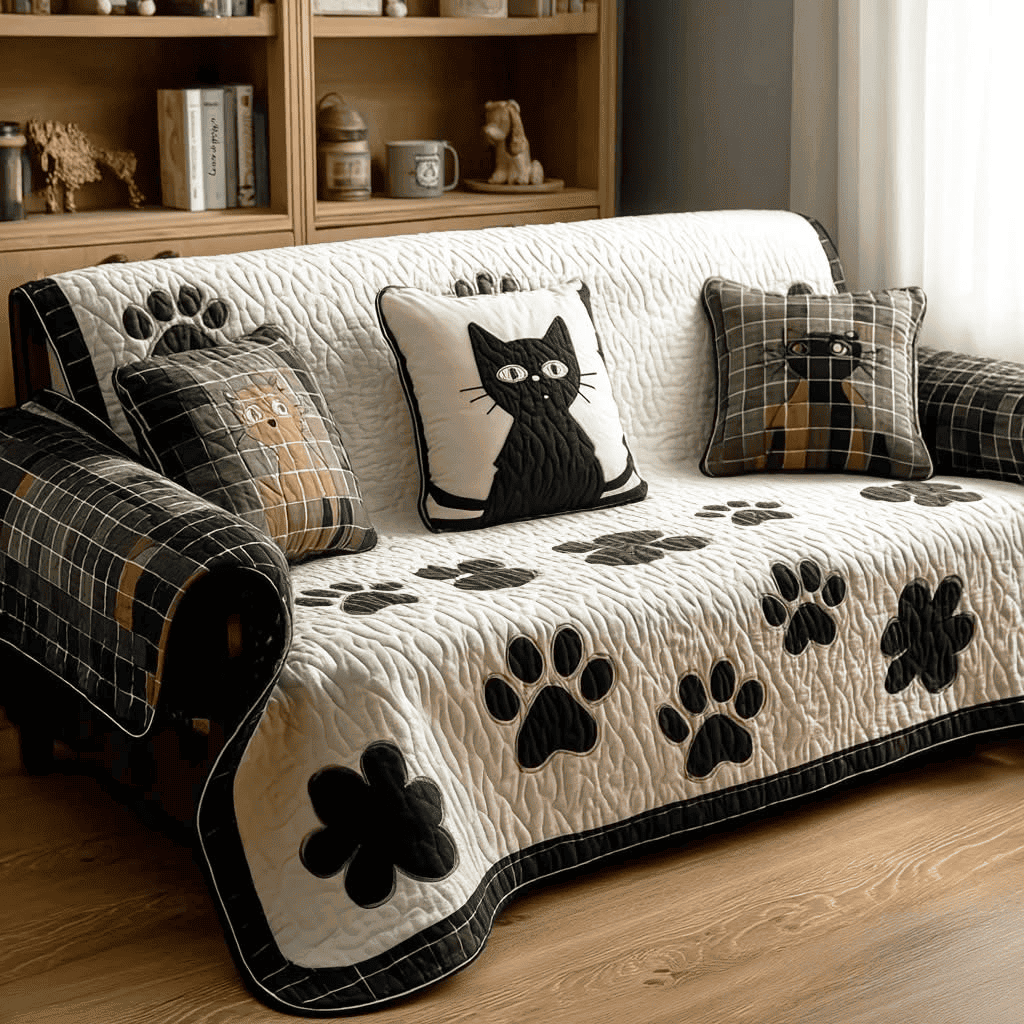 Cat Paws Quilted Sofa Cover Elegant Style Couch Protectors for Cat Lovers