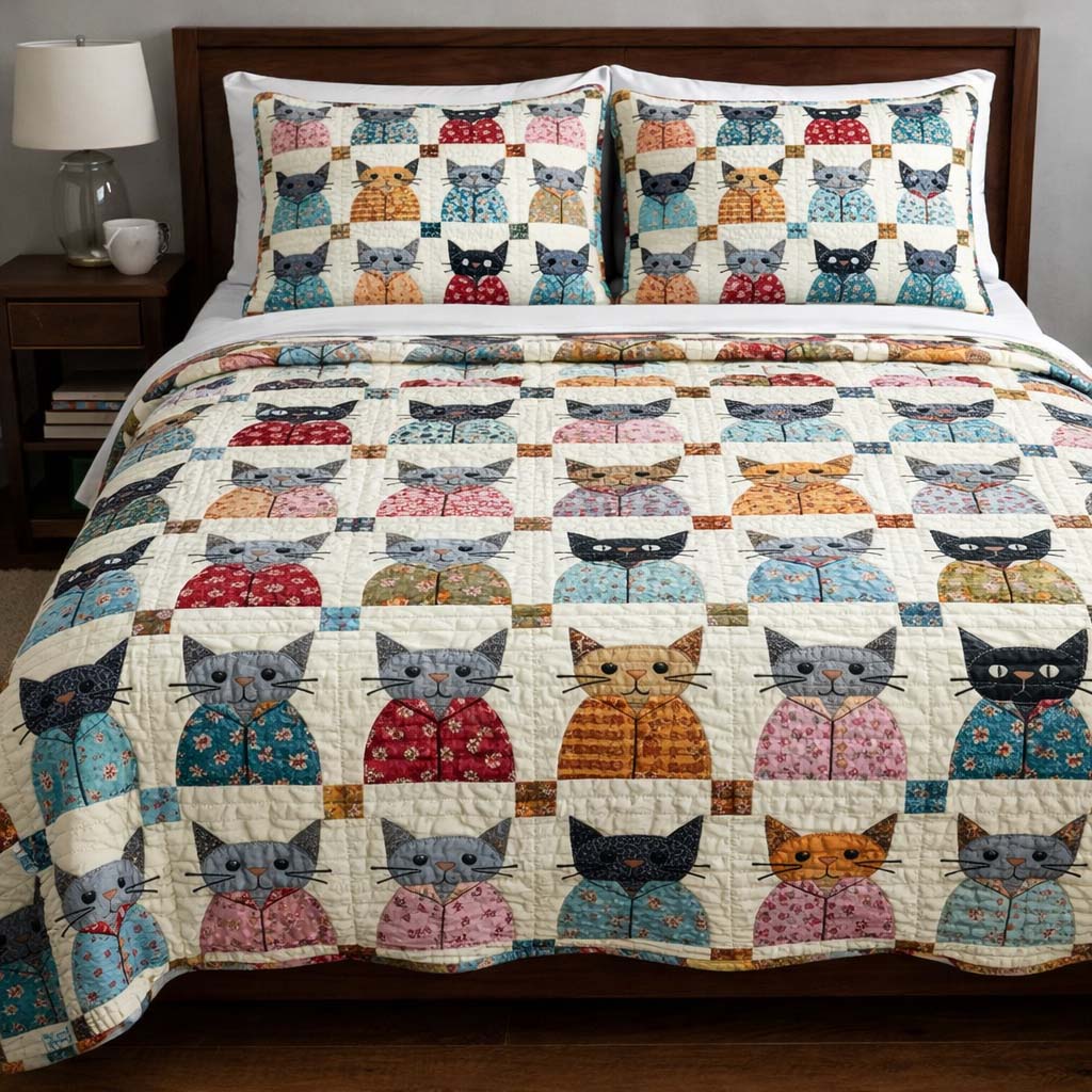 Cat Serenity Quilted Bedding Set Autumn Inspired Bedroom Cat Gifts For Him Her - Tradiviet