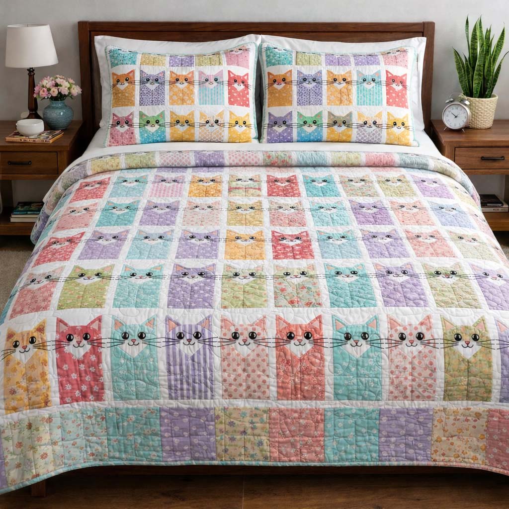 Cat Serenity Quilted Bedding Set Autumn Inspired Bedroom Unusual Gifts For Cat Lovers - Tradiviet